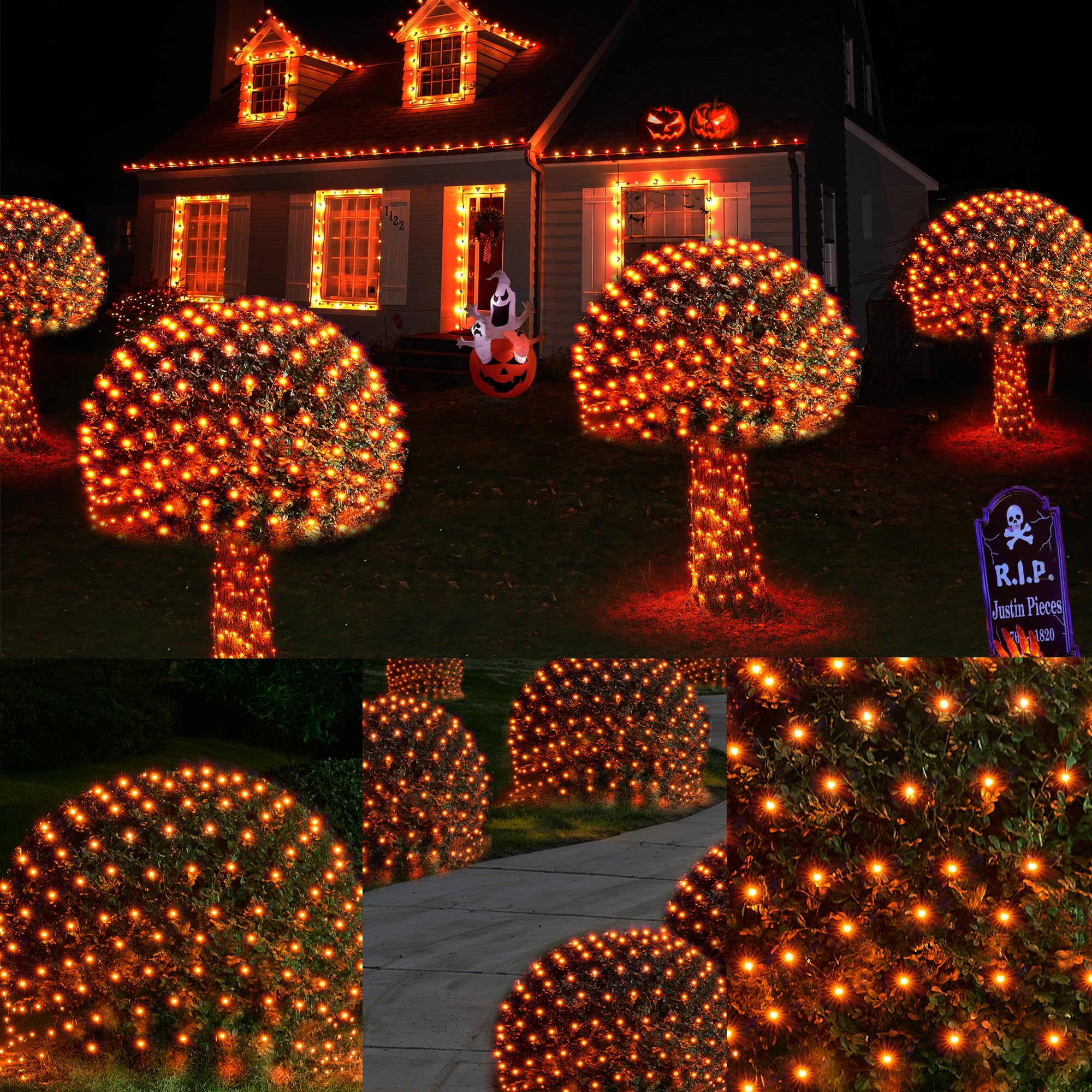 Wbao Solar Halloween Net Lights, 200Led 8.4Ft X 5.2Ft Orange Halloween Bush Lights With Remote, 8 Modes, Timer, Ip65 Waterproof & Dark Green Wire For Lawn, Bushes, Trees, Outdoor Halloween Decorations