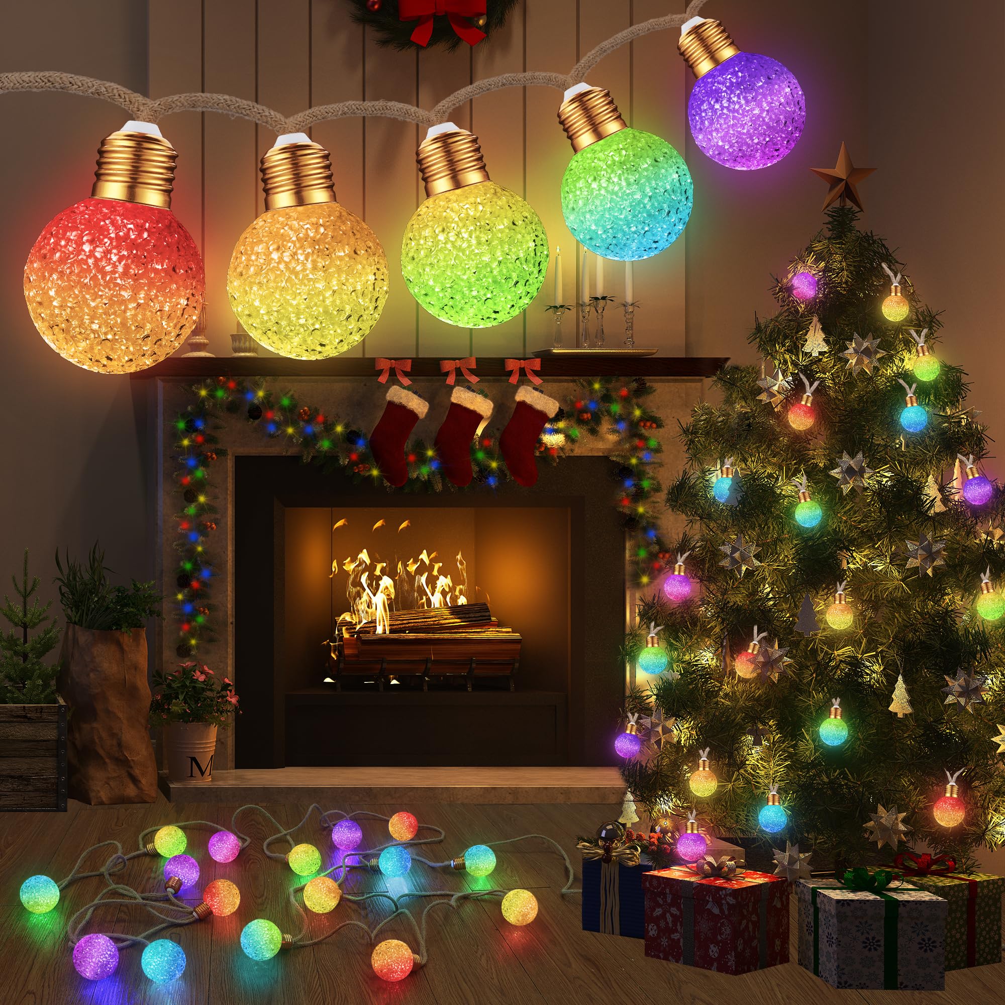 Toodour Christmas String Lights, 26Ft 16 Led Color Changing Globe String Lights, Vintage Rope Hemp Xmas Tree Lights For Home, Bedroom, Fence, Holiday, Indoor Outdoor Christmas Decorations