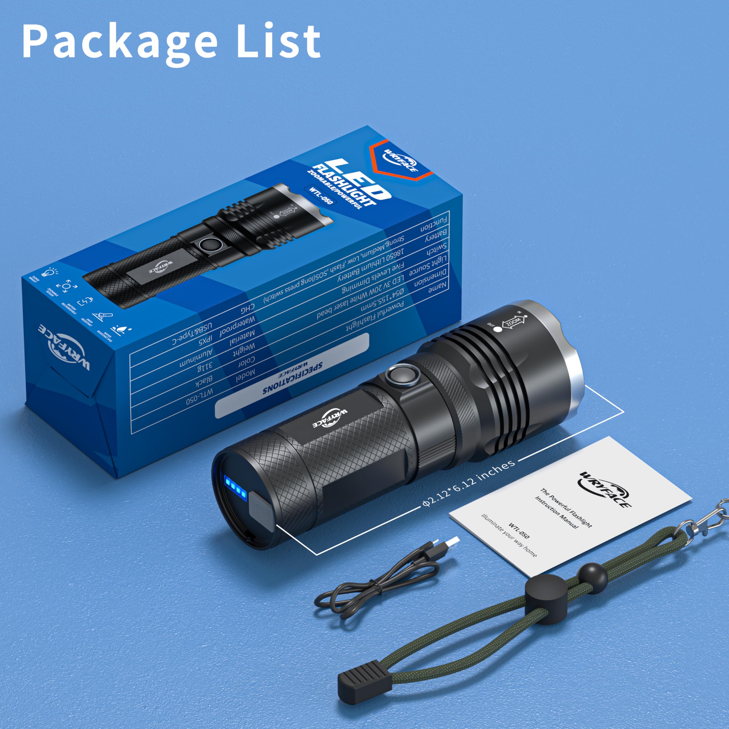 Wryface Rechargeable Led Flashlight High Lumens Super Bright Flashlight, 5 Modes Tactical Flashlight With Zoomable,Ipx5 Waterproof,Powerful Handheld Flash Light For Emergencies, Hiking, Camping