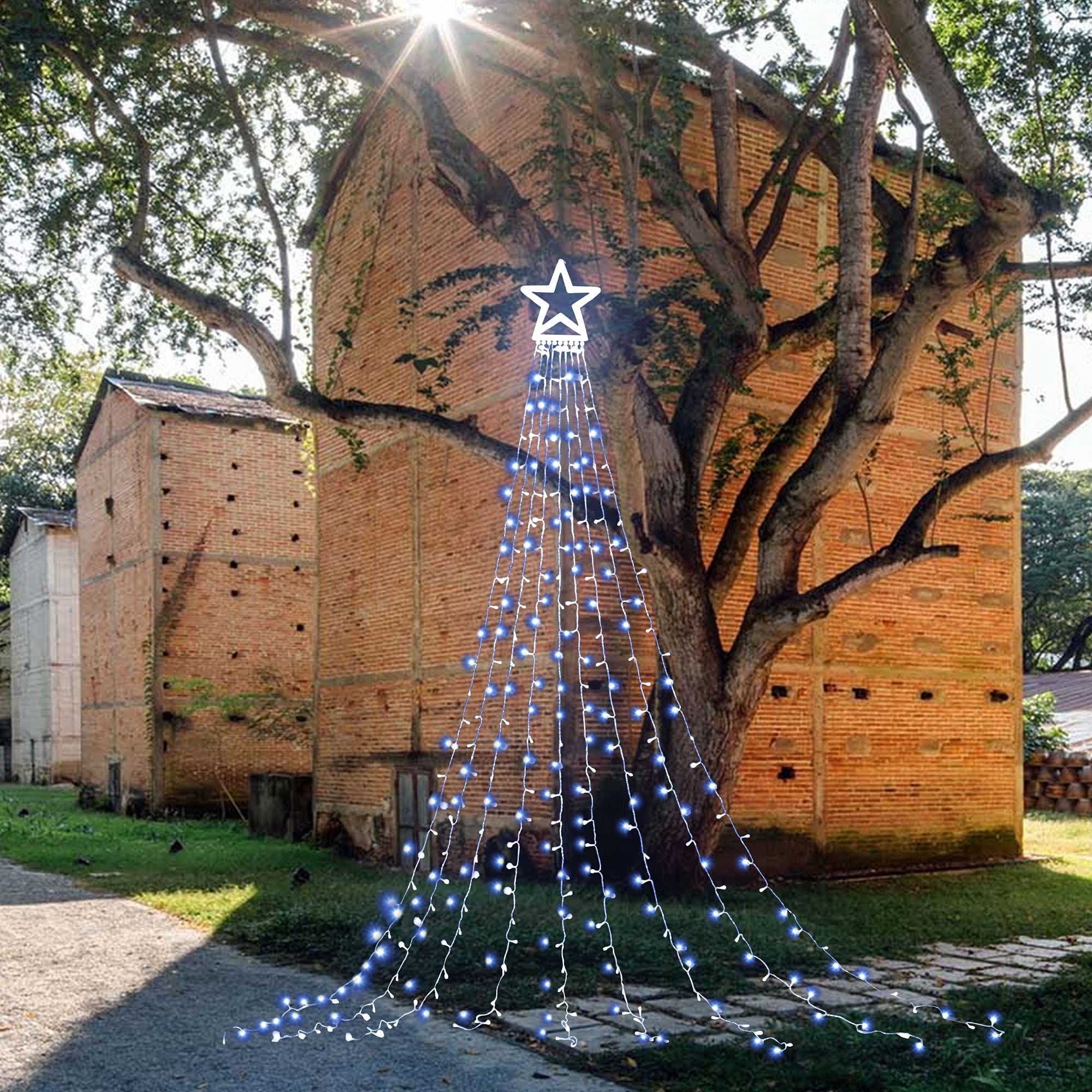 Cerflyer Christmas Decoration Lights, Outdoor Christmas String Lights 320 Led 11.5 Ft Waterfall Tree Lights With Big Star Topper 8 Light Modes For Christmas Year Holiday Garden Yard Indoor Outdoor Decor