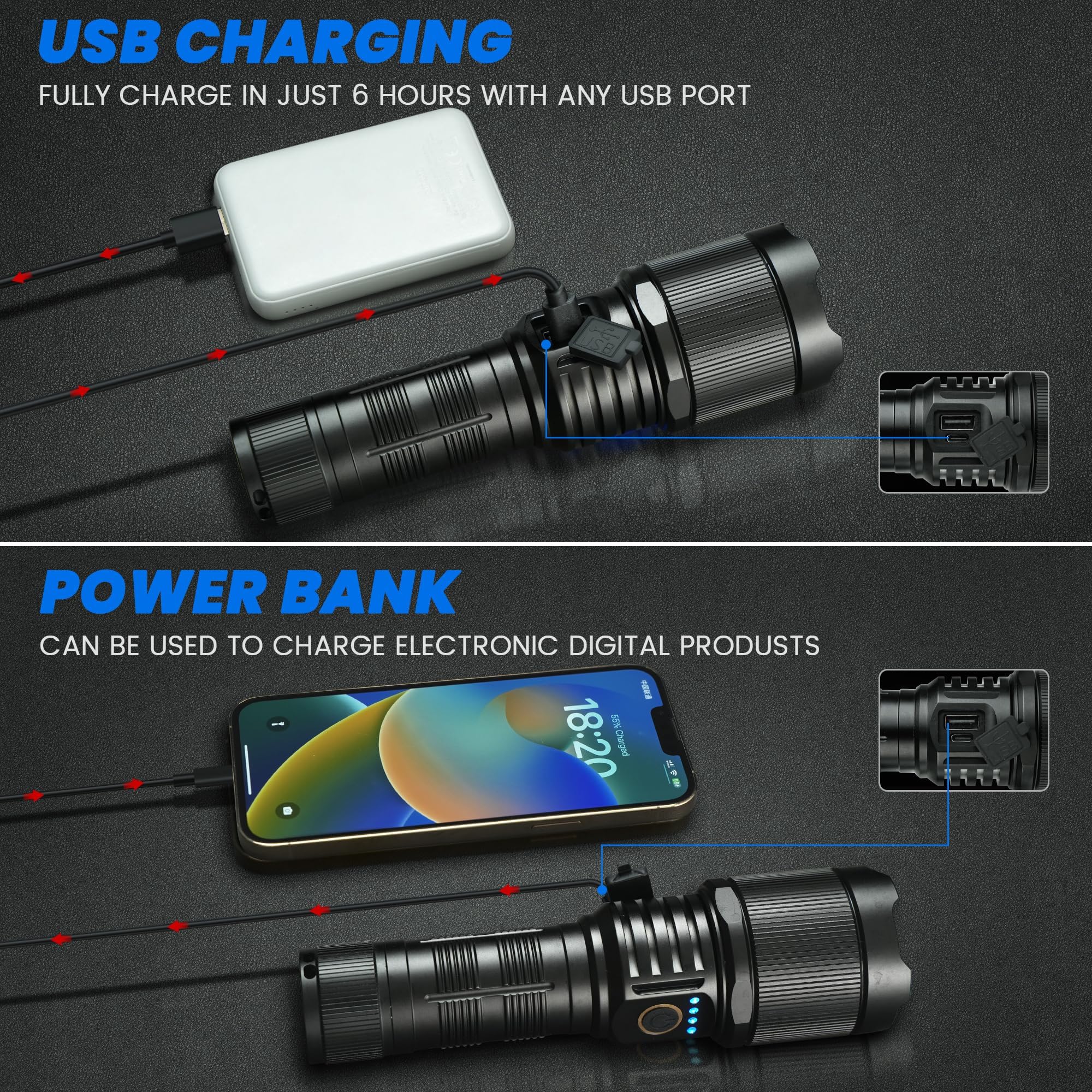 Teqdot Flashlights High Lumens 990000 Led Rechargeable Utility Flashlight Zoomable 3 Modes Fast Charging Ipx6 Waterproof Super Bright Black Handheld Flashlights For Camping Hiking Outdoor And