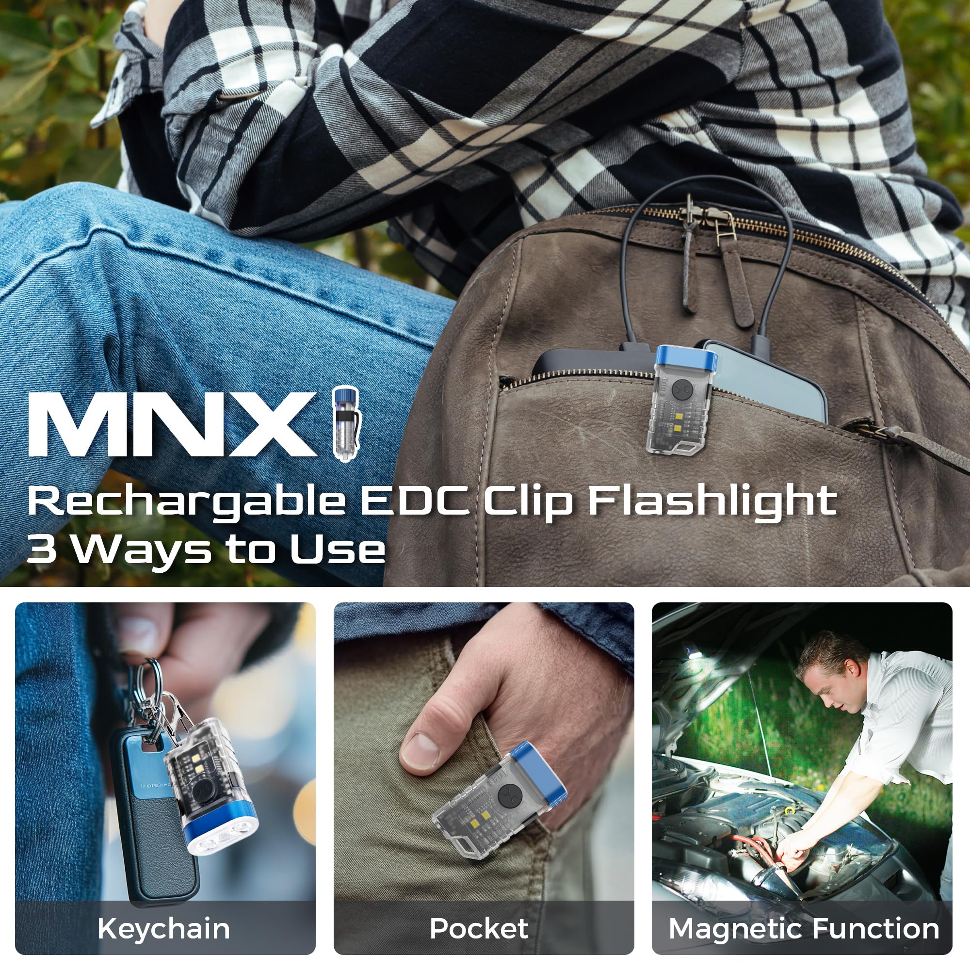 Coozaming Rechargeable Edc Clip Keychain Flashlight, Pocket Small Mini Flashlights 500 Lumens, 10 Modes 2 Illumination Angles, Usb C Charging Magnetic For Home, Emergency, Night Working, 2 Pack, Blue