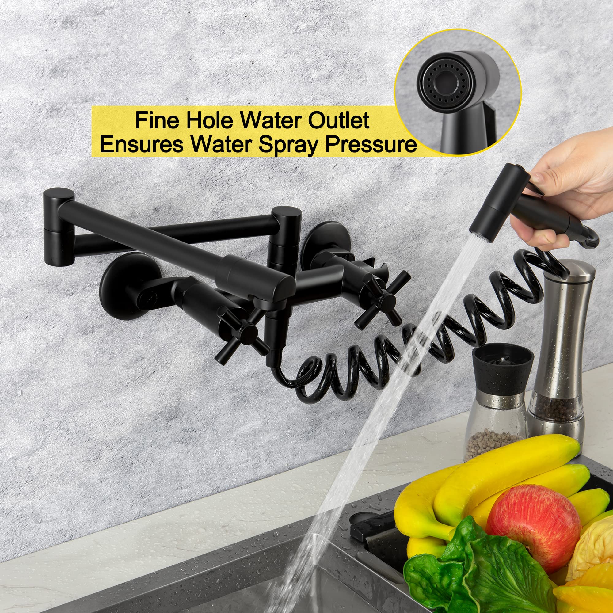 Dolgaba Wall Mount Kitchen Faucet Commercial Pot Filler 8 Inch Center 2 Handles Folding Wall Mounted Faucet For Kitchen Sink With Side Sprayer, Matte Black