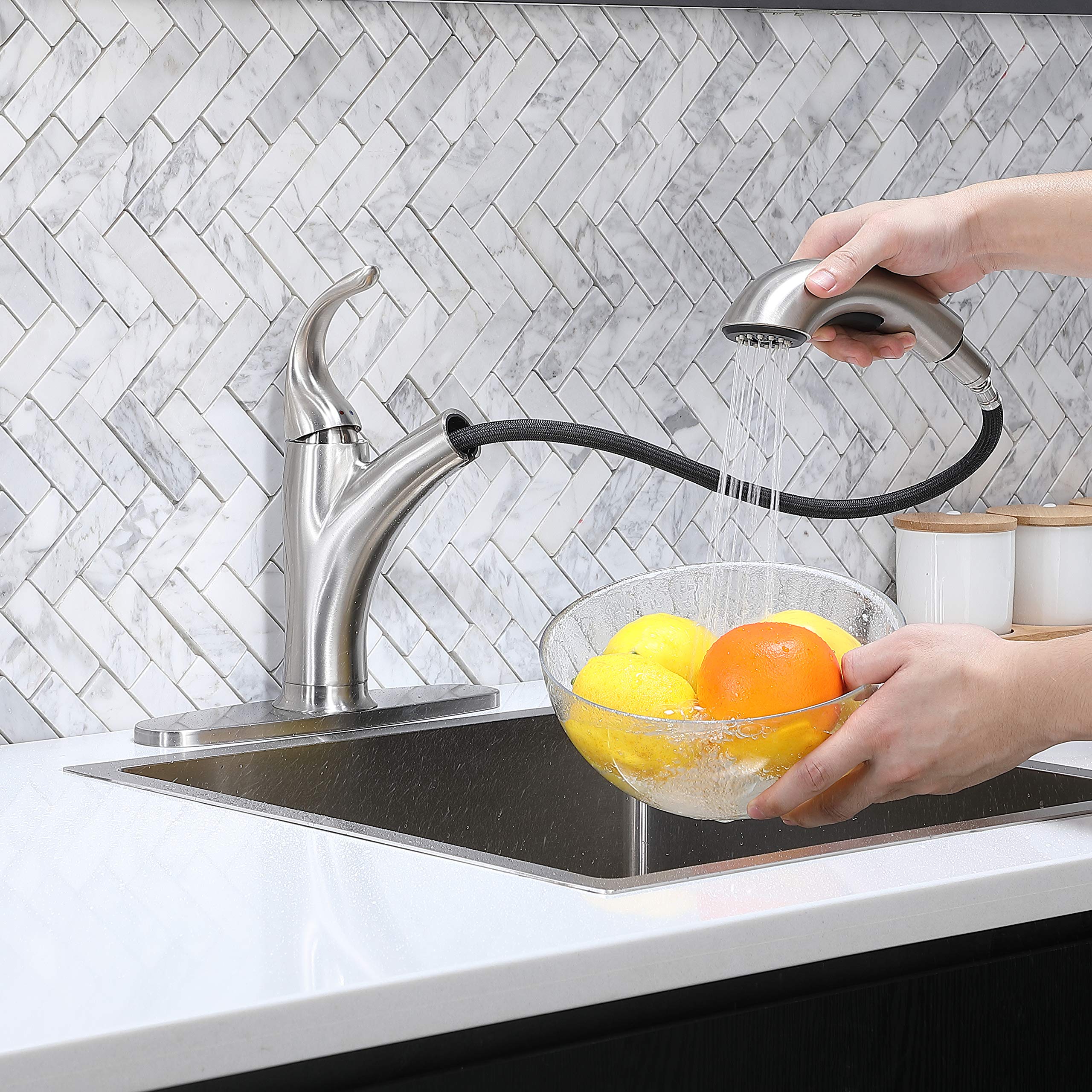 Ikebana Kitchen Faucet With Sprayer Brushed Nickel, Rv Kitchen Sink Faucet, Stainless Steel Pull Out Faucet For Kitchen Sink,1 Or 3 Hole Small Kitchen Faucets With Deck Plate And Supply Hoses