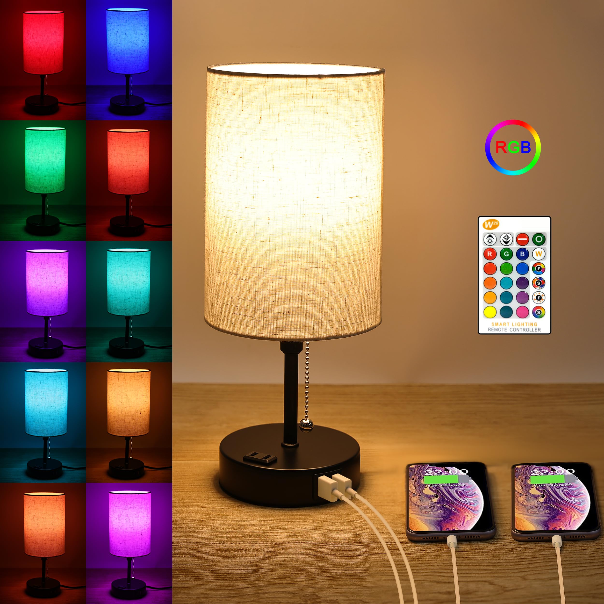 Tceumik Rgb Smart Lamps For Bedrooms & Living Room 3 Ways Dimmable Bedside Lamps Color Changing Nightstand Lamp With 2 Usb Port And Outlet Modern Night Stand Table Lamp Fabric Shade E26 Led Bulb