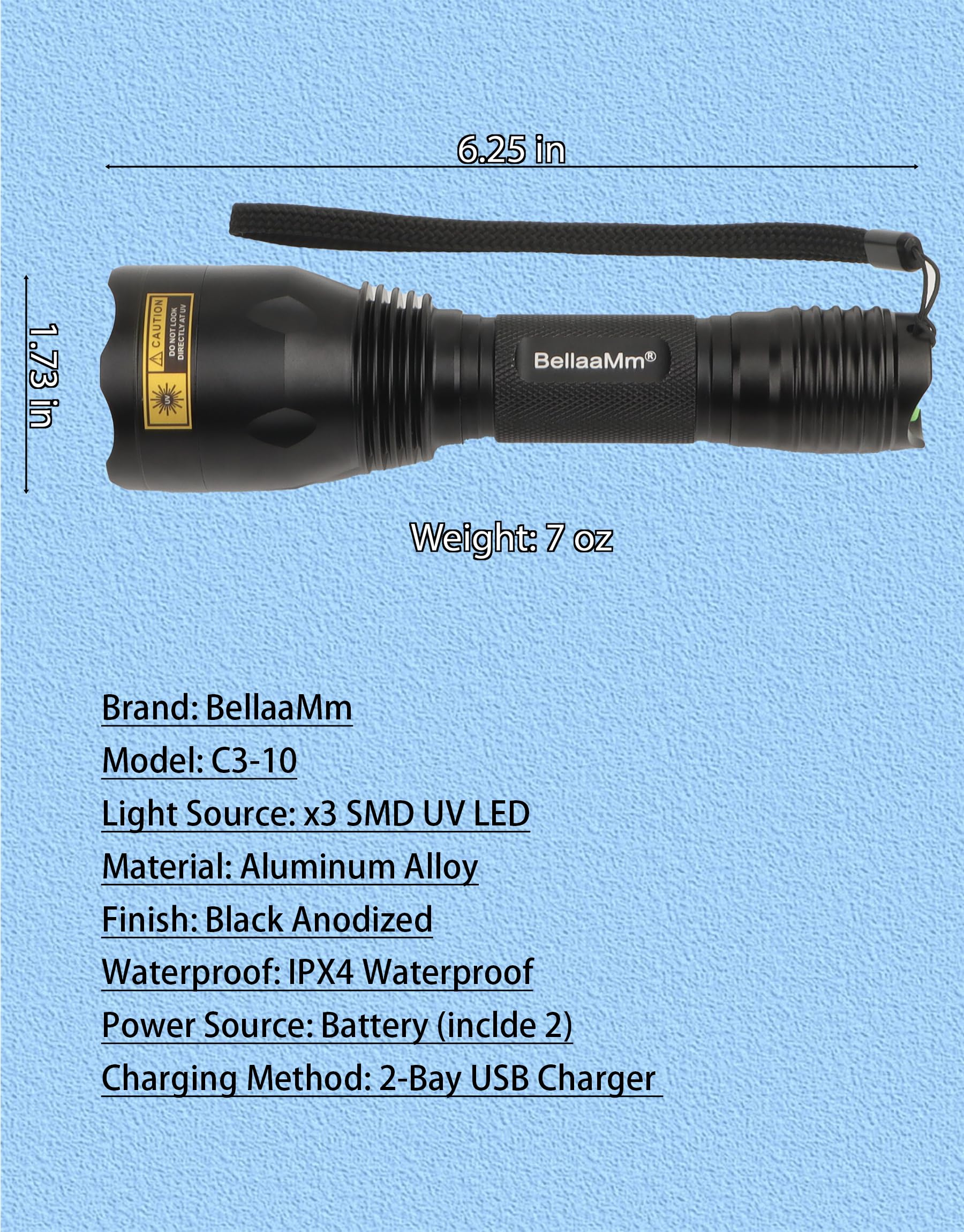 Bellaamm 365 Nm Uv Light Blacklight Flashlights Powerful 365Nm Uv Flashlight With 3 Smd Leds Professional Black Light Flashlight For Scorpion, Pet Urine Detection, Rocks And Minerals, Resin Curing