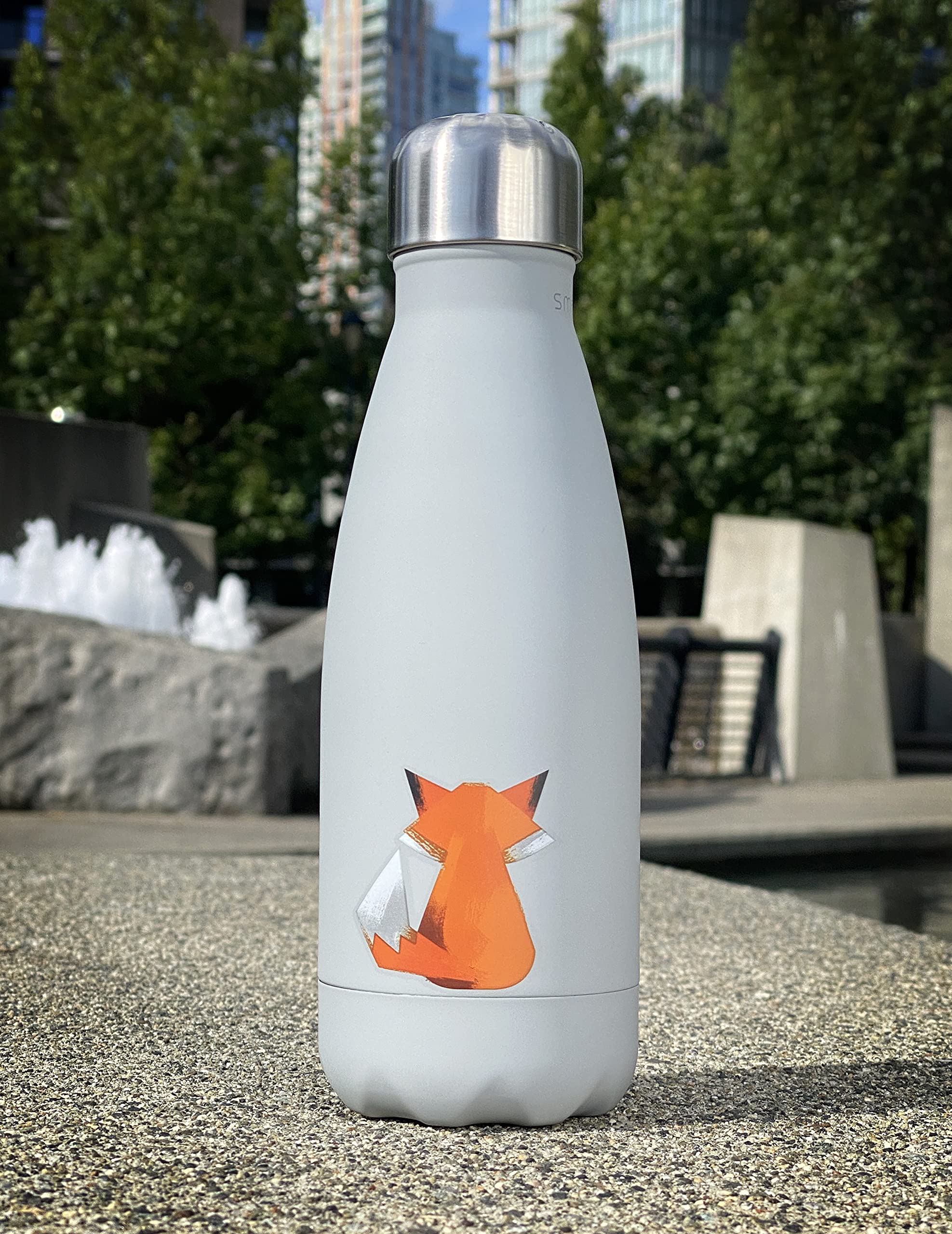 Water Bottle With Cute Fox Design  Stainless Steel  Double Wall Insulated  Grey  12Oz