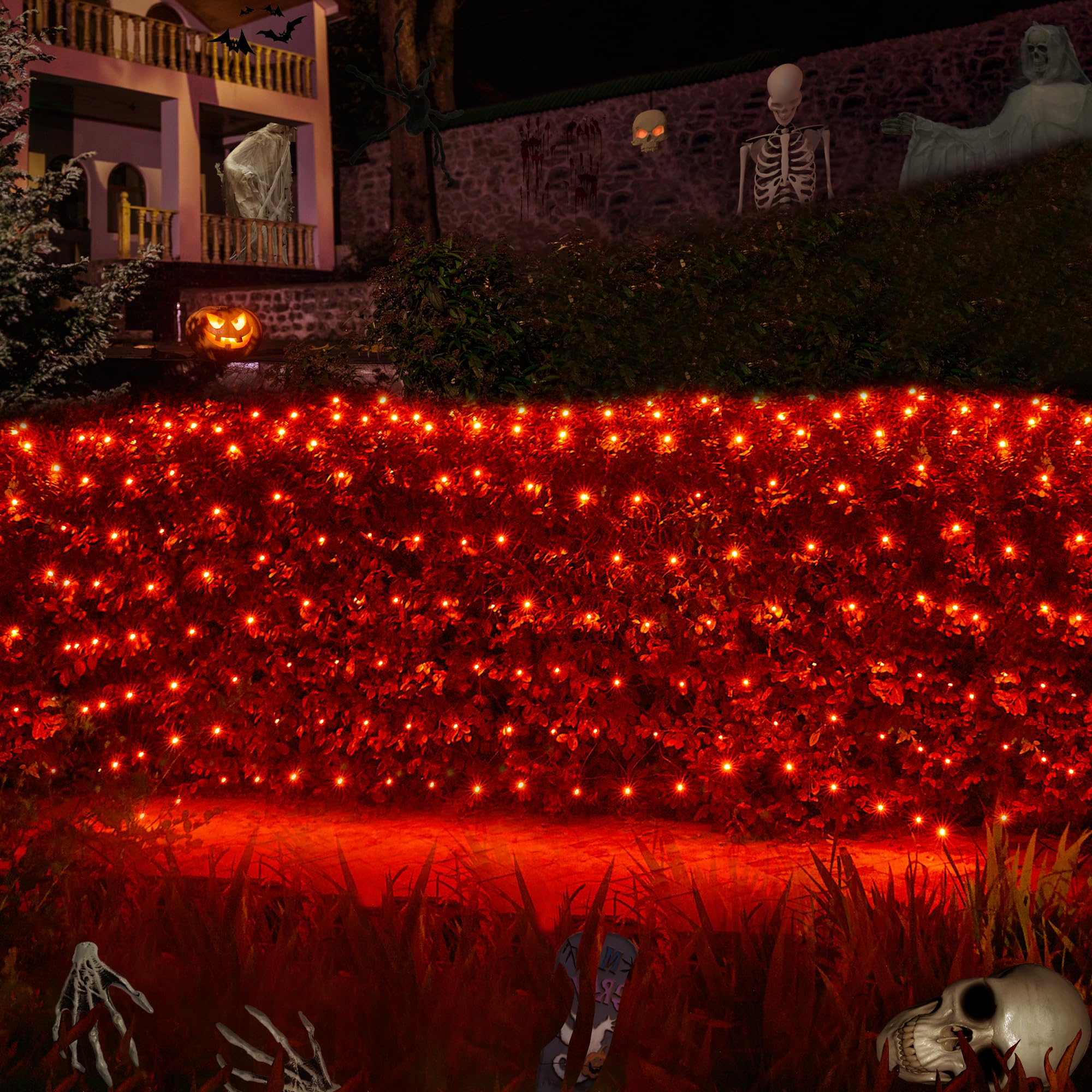 Wbao Solar Halloween Net Lights, 200Led 8.4Ft X 5.2Ft Orange Halloween Bush Lights With Remote, 8 Modes, Timer, Ip65 Waterproof & Dark Green Wire For Lawn, Bushes, Trees, Outdoor Halloween Decorations