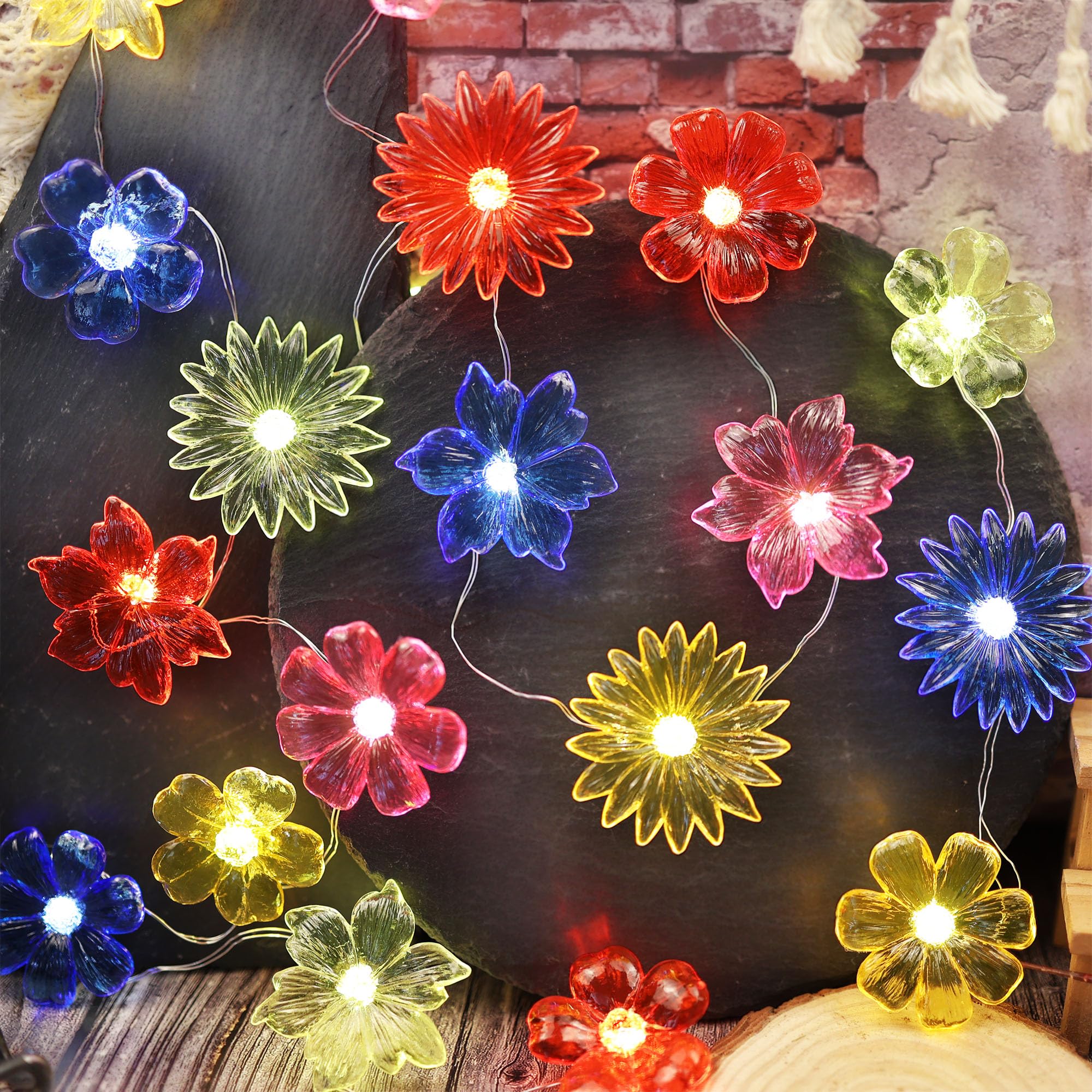 The Hxt Bartlett Solar Fairy Flower String Lights For Outdoor-4 Flower Designs Waterproof 8 Flashing Modes 15Ft 40 Led- Solar Twinkle Decorative Lights For Outside Garden Patio Porch Plants And Window Decor