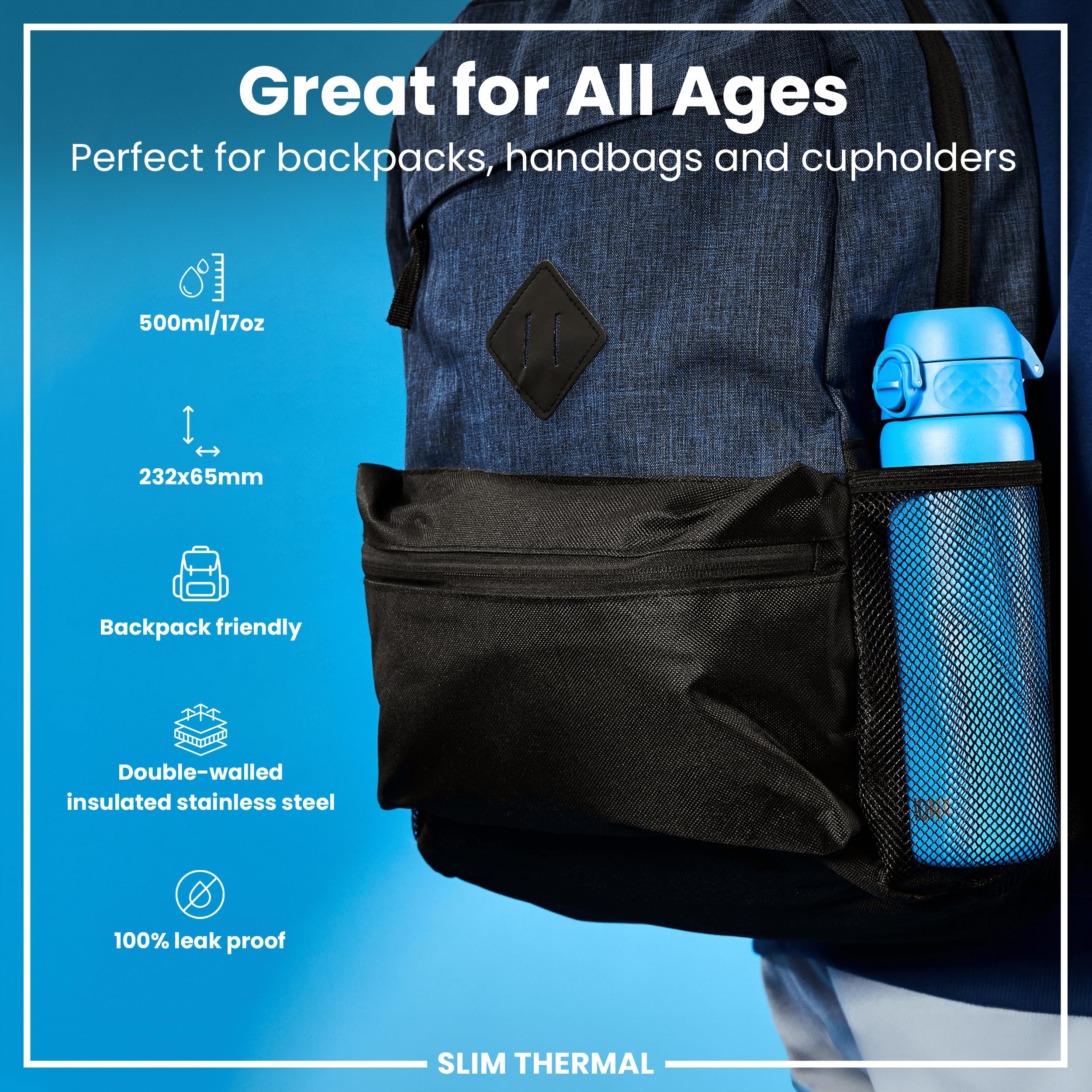 Ion8 Vacuum Insulated Steel Water Bottle, 500 Ml/18 Oz, Leak Proof, Easy To Open, Secure Lock