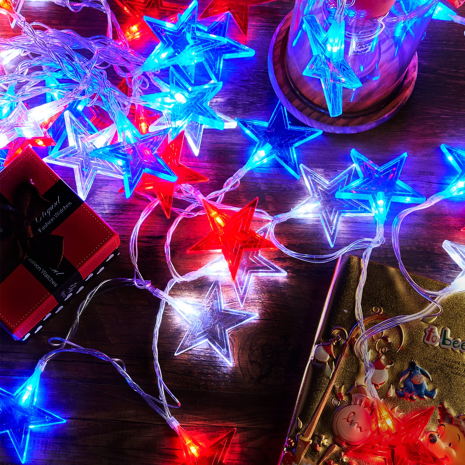 Wispleashare 4Th Of July Decorations Red White Blue Lights With 60Led Big Stars, Solar Powered Rechargeable Independence Day Lights For Indoor Outdoor Home Garden Golf Cart Patriotic Theme Memorial Day Decorations