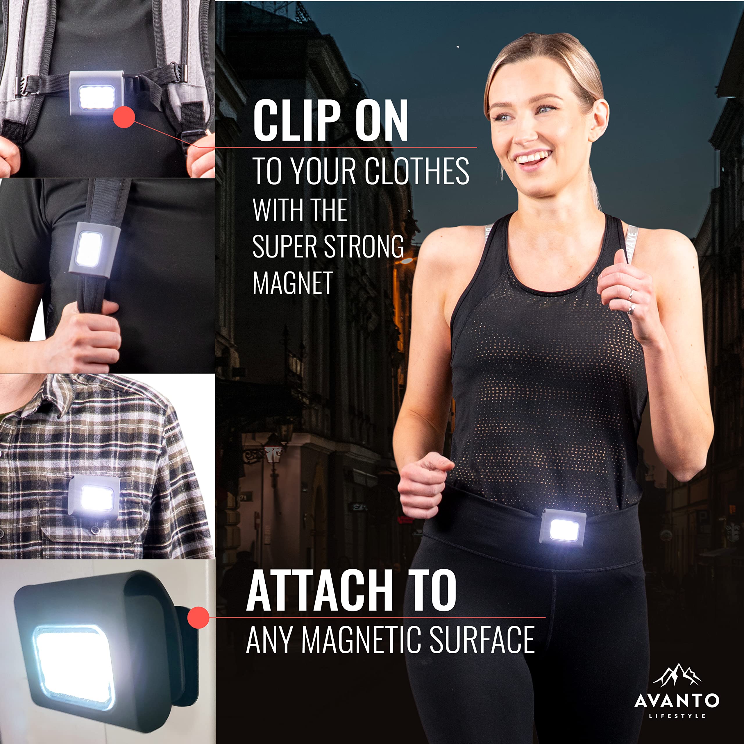 Avanto Lifestyle Clip On Flashlight Pro, Original, 300Lumen Led Light, 2-3H Usetime, Rechargeable Night Running Lights For Runners, Dog Walking Light For Night Walking, Running Flashlight