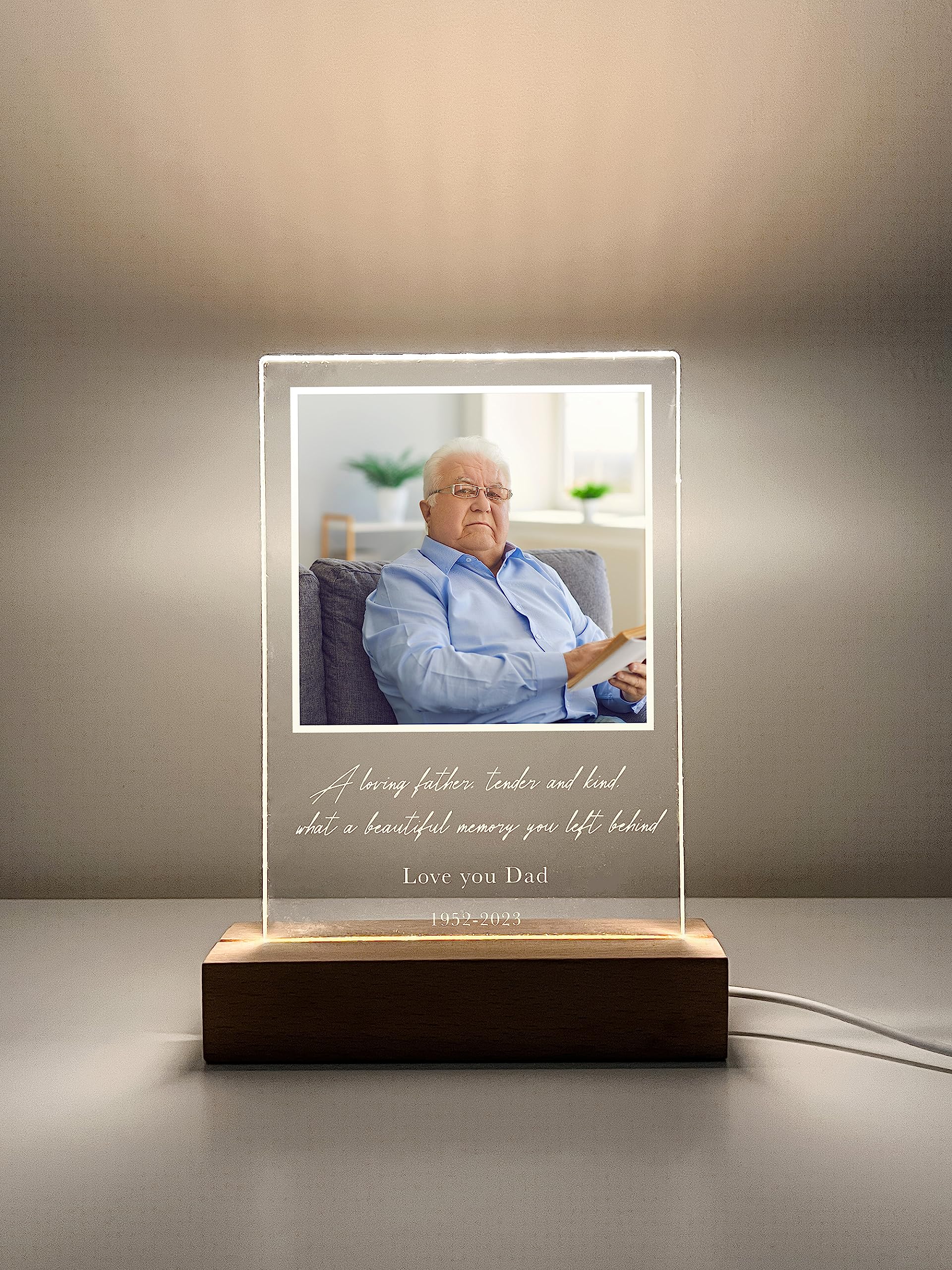 Mirror Mania Custom Personalized Photo Led Wood Stand Night Light Up Table Lamp In Loving Memory Loved One Heart R.I.P Condolence Remembrance Loss Sympathy Bereavement Memorial