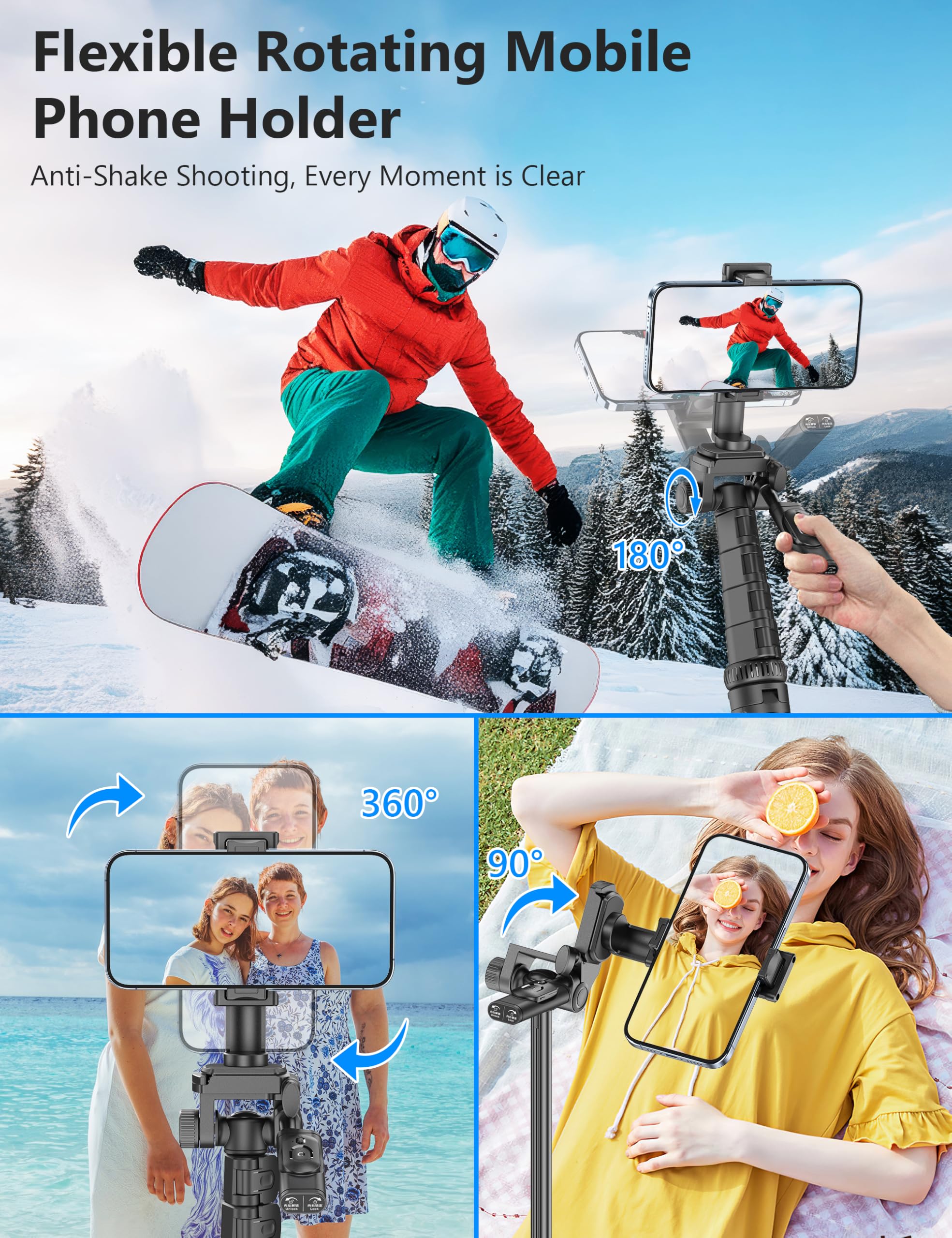 Selfieshow 72" Phone Tripod & Selfie Stick, Extendable Cell Phone Stand With Detachable Remote & Phone Holder, Aluminum Tripod Compatible With Iphone Android
