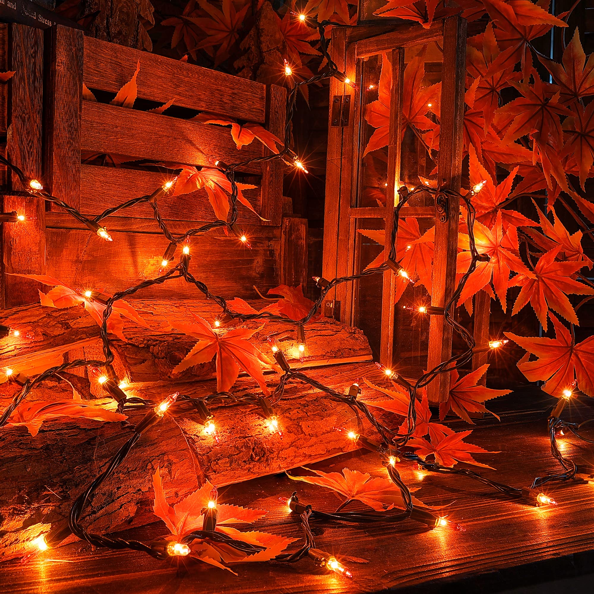 Hopolon Mygoto Orange Thanksgiving Mini Lights, 2Pack 13Feet 50Count Autumn Fall String Lights,Connectable 120V Plug In For Outdoor Indoor Garden Party Halloween Christmas Xmas Tree Lights Yellow Decor