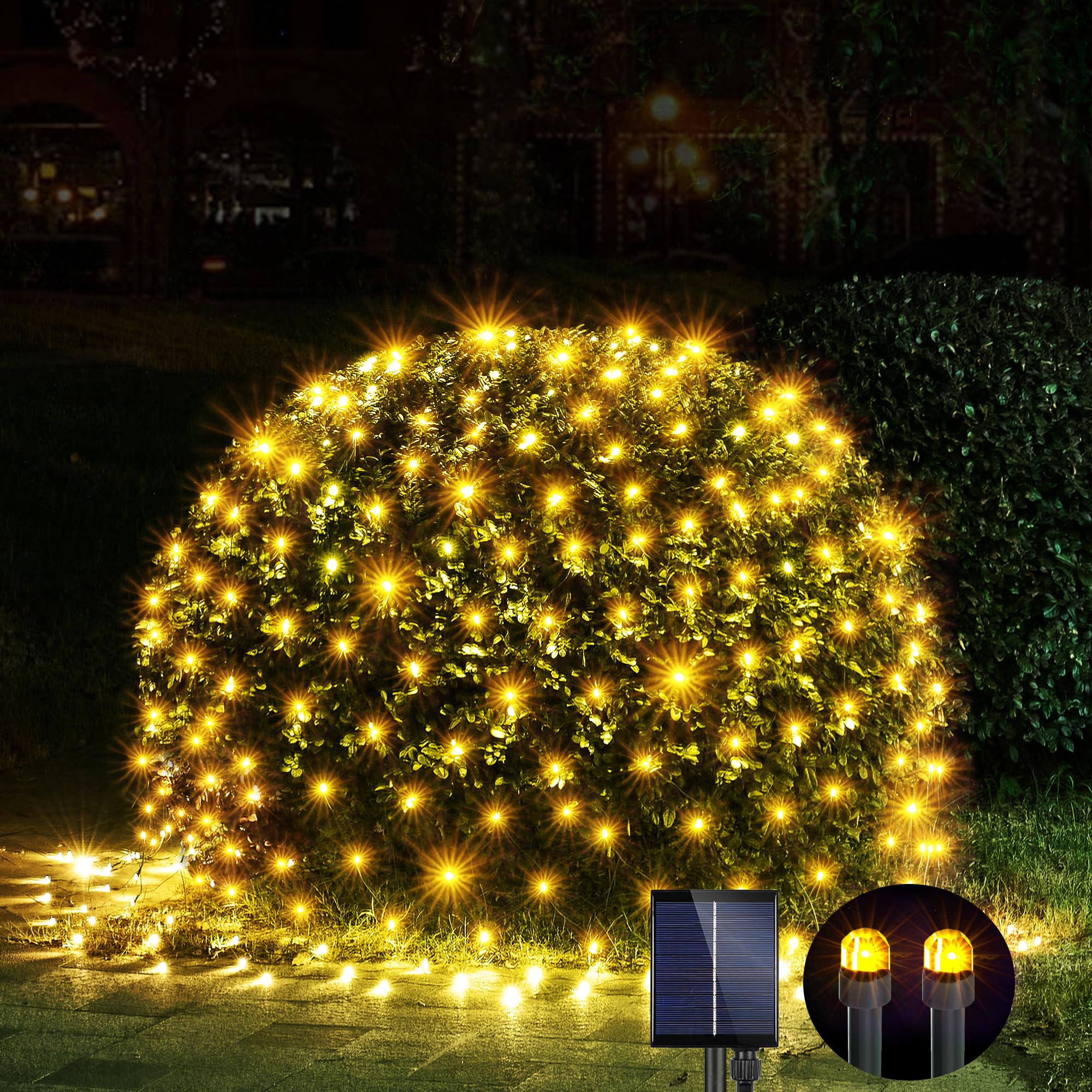 Wbao Solar Christmas Net Lights 200Led F8 Big Bulbs, 8.4Ft X 5.2Ft Christmas Bushes Lights With Remote Control, 8 Modes, Timer, Waterproof For Lawn, Bushes, Outdoor Christmas Decorations, Warm White