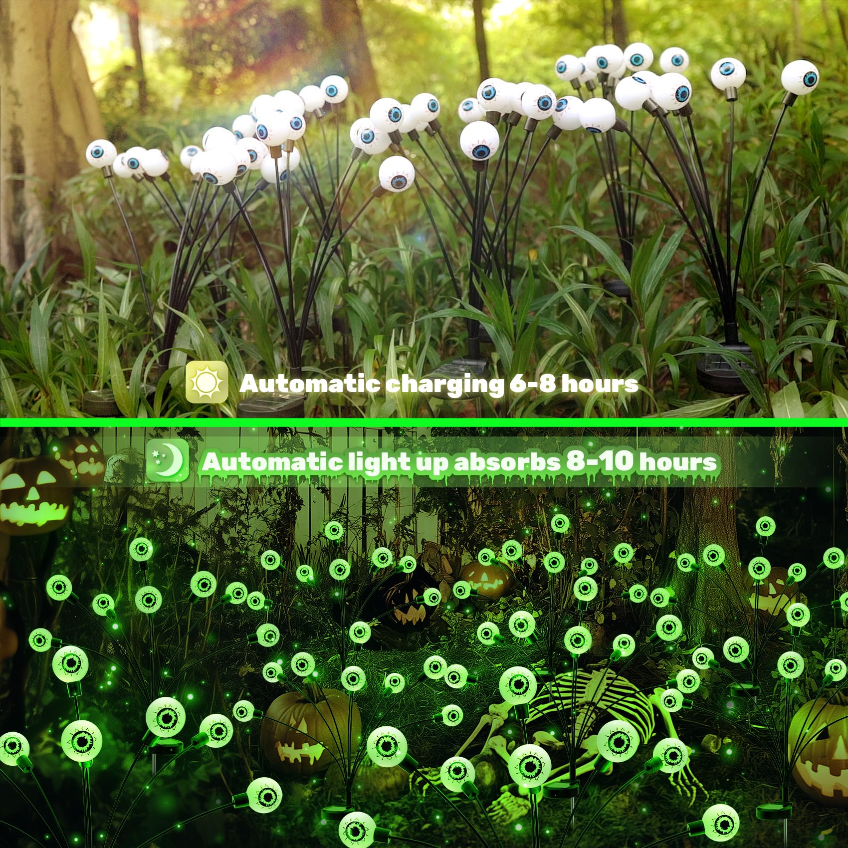 Ahongem Solar Halloween Lights Decorations Outdoor: 2 Pack 16Led Scary Eyeball Light Swaying For Yard Decor - Green Firefly Ghost Lighting Garden Lawn Pathway Party Outside Decorative