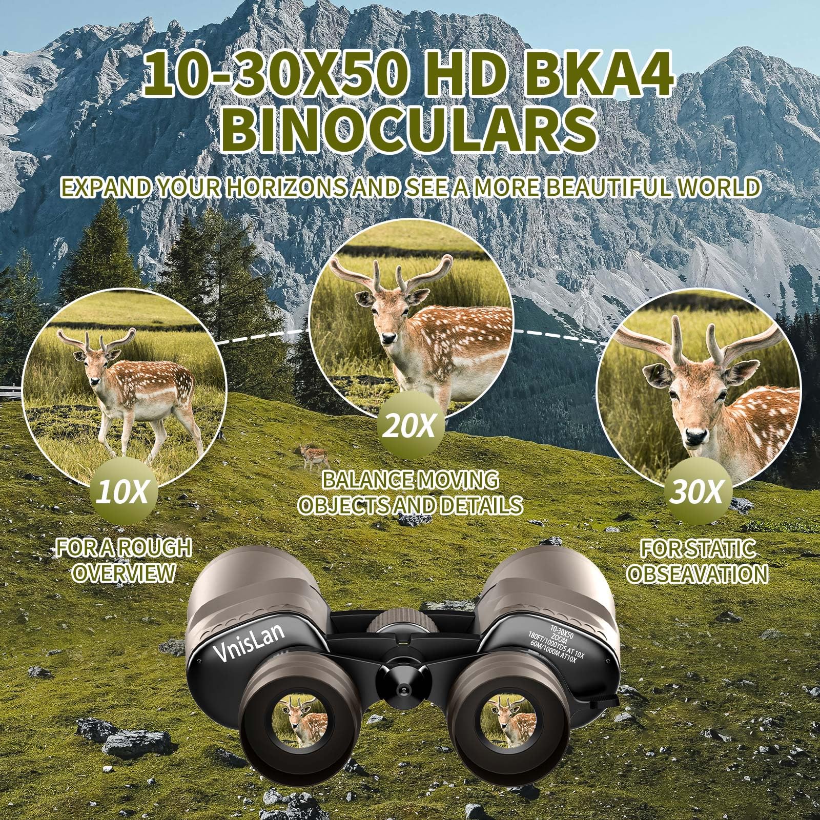 Vnislan 10-30X50 Hd Zoom Binoculars For Adults With High-Powered & Image Stabilization - Waterproof, Clear Low-Light Vision Binos For Bird Watching, Hunting, Travel, Cruise Ship Use
