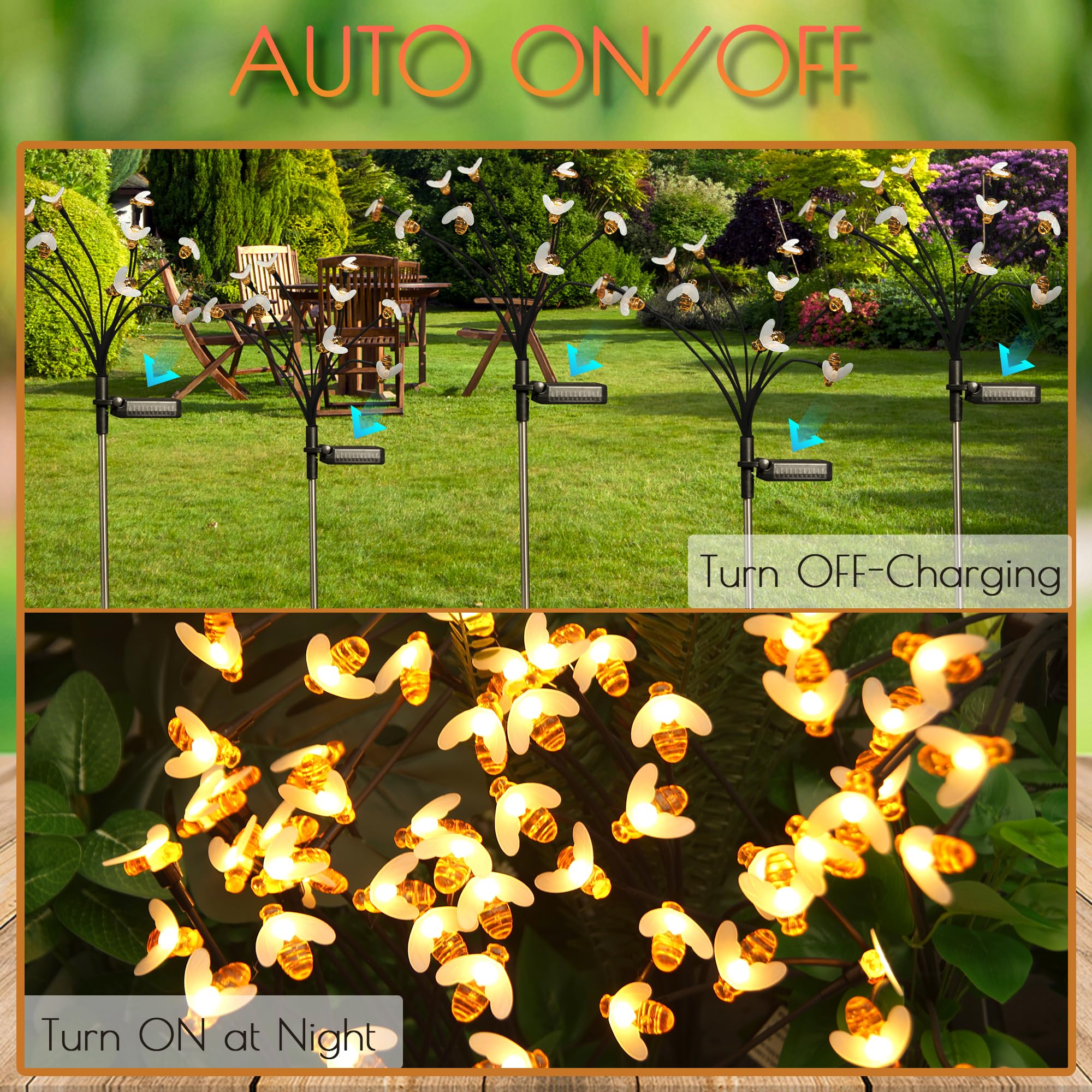 Lusharbor Solar Garden Lights, 4 Pack 40 Led Solar Firefly Lights Bee, Garden Lights Solar Powered Waterproof Solar Pathway Lights Outdoor Lights For Yard Patio Walkway Decoration, Bee