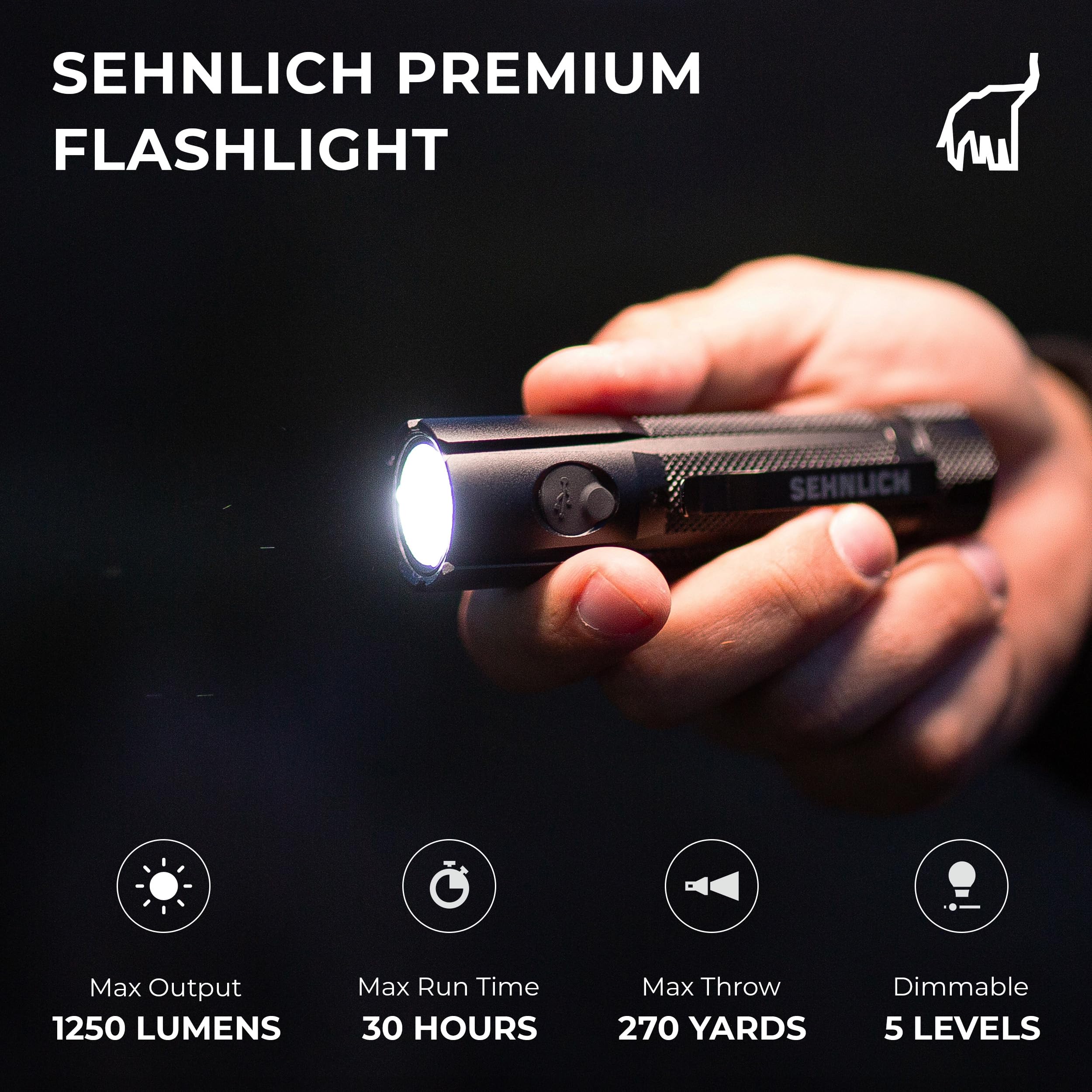Sehnlich Led Rechargeable Flashlight - Super Bright 1250 High Lumens Flashlight, Waterproof Ip68 Small Compact Pocket Tactical Flashlight For Home, Emergency, Rescue, Camping,  For Men Platinum Grey