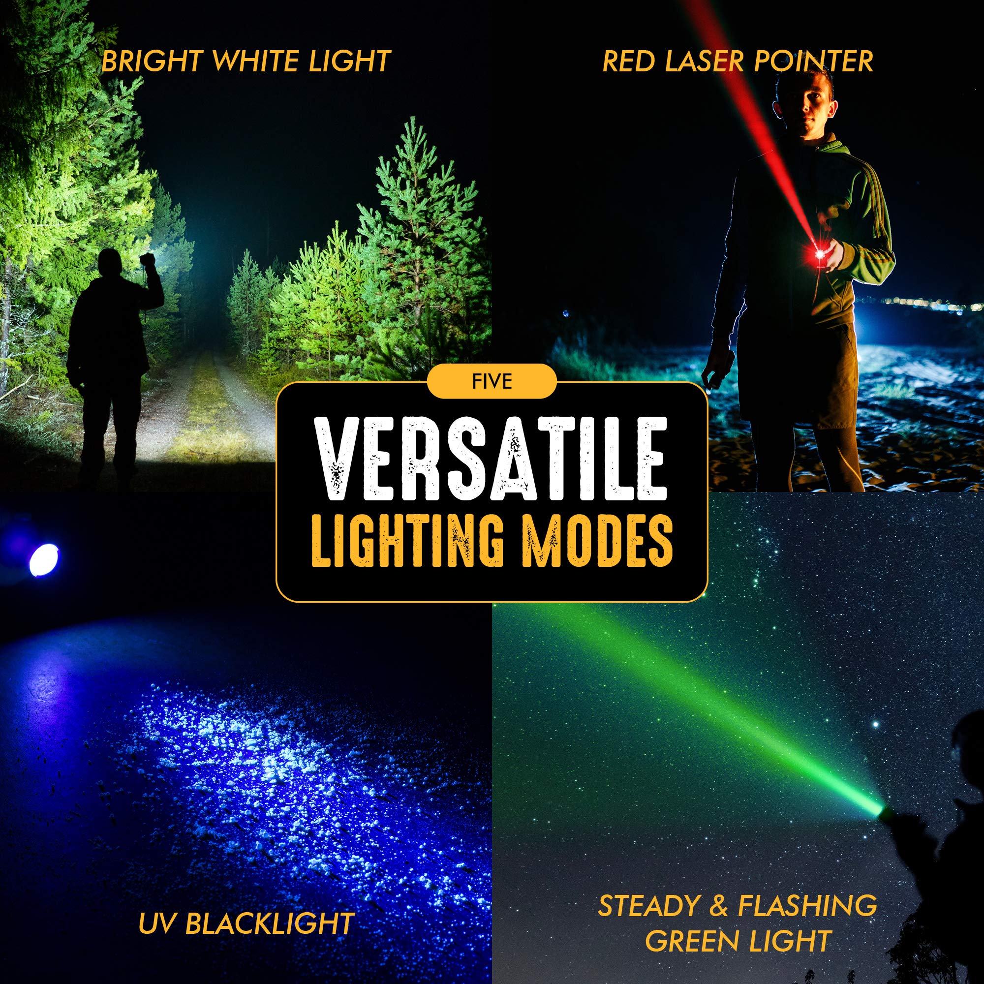 Samlite Samlite- Led Tactical Flashlight With 5 Options, Bright Led Light, Laser Pointer, Uv Blacklight, Green Light And Magnetic Bottom - Water Resistant - (3 Aaa Batteries Included)