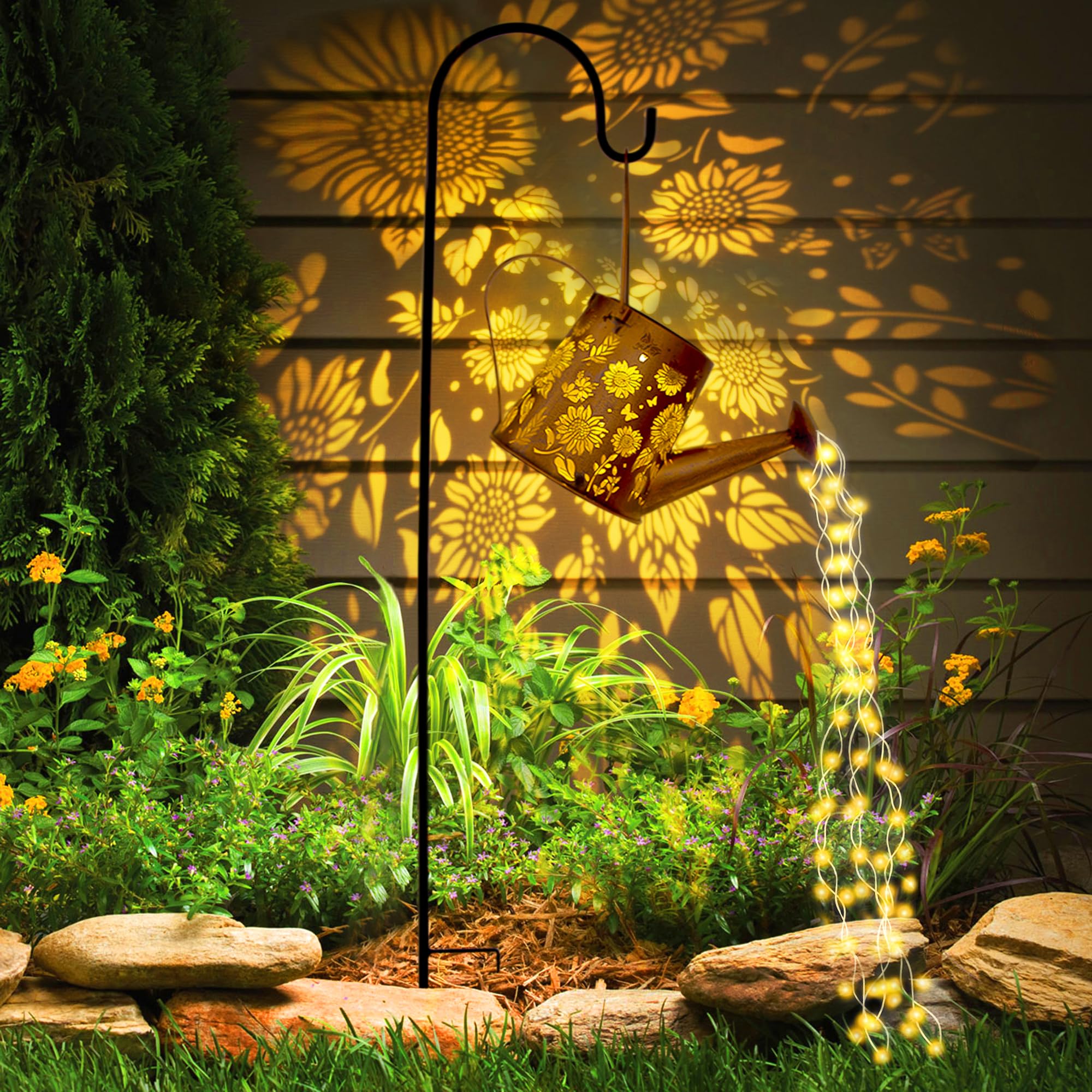 Anytalk Solar Watering Can With Lights, Hanging Solar Waterfall Lights Outdoor Garden Decorations, Waterproof Solar Garden Lights For Yard Porch Backyard Lawn Pathway Landscape Walkway (Sunflower)
