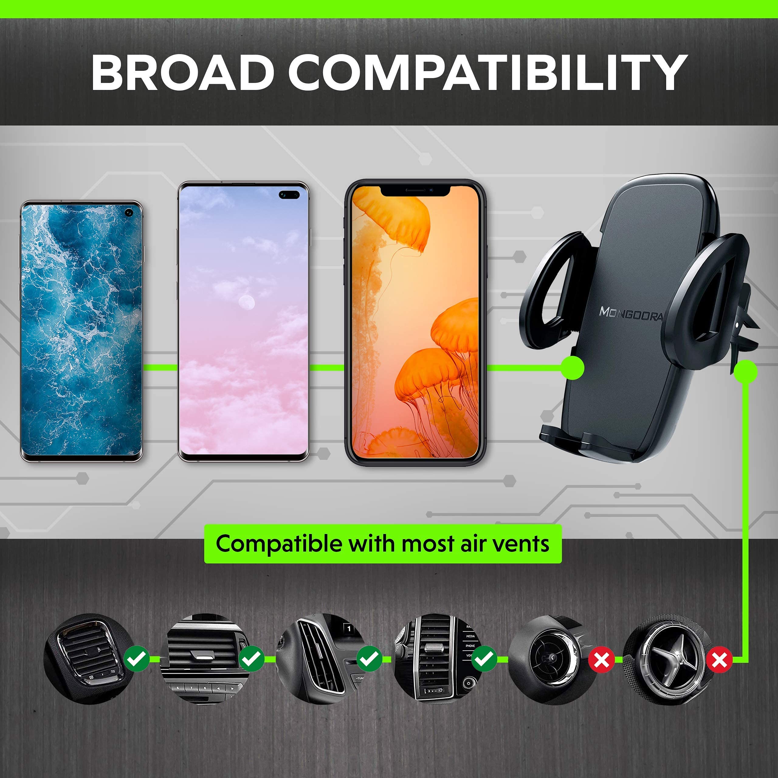 Mongoora Air Vent Car Phone Mount Holder - Locking Cell Phone Car Mount Universal For Any Smartphone, Iphone, Android - Clip On Car Phone Holder For Dashboard - Stocking Stuffers