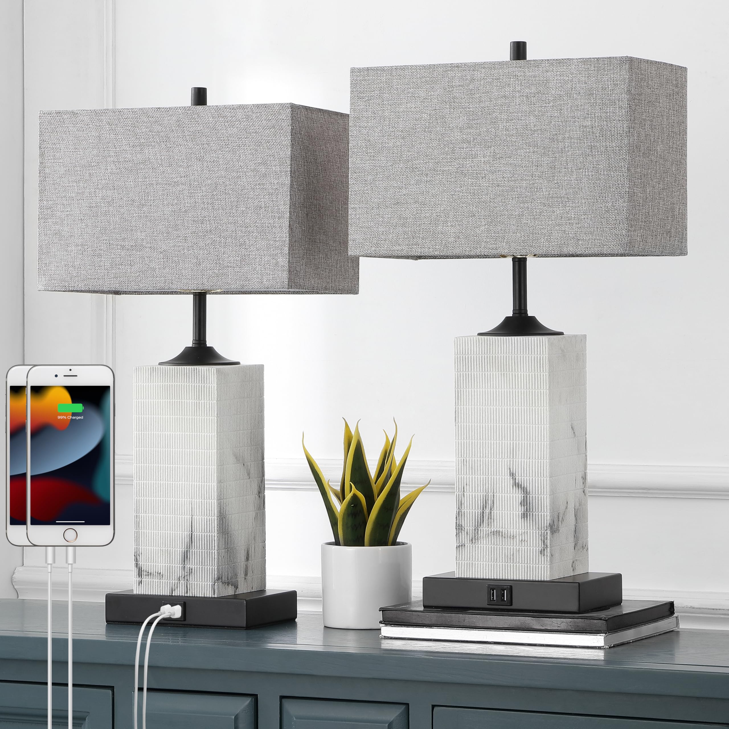 Vuaa Table Lamps For Living Room Set Of 2, Modern Bedside Lamps With Dual Usb Ports For Bedroom Nightstand, Large End Table Lamps With Grey Fabric Shades Minimalist Decor Marble Finish