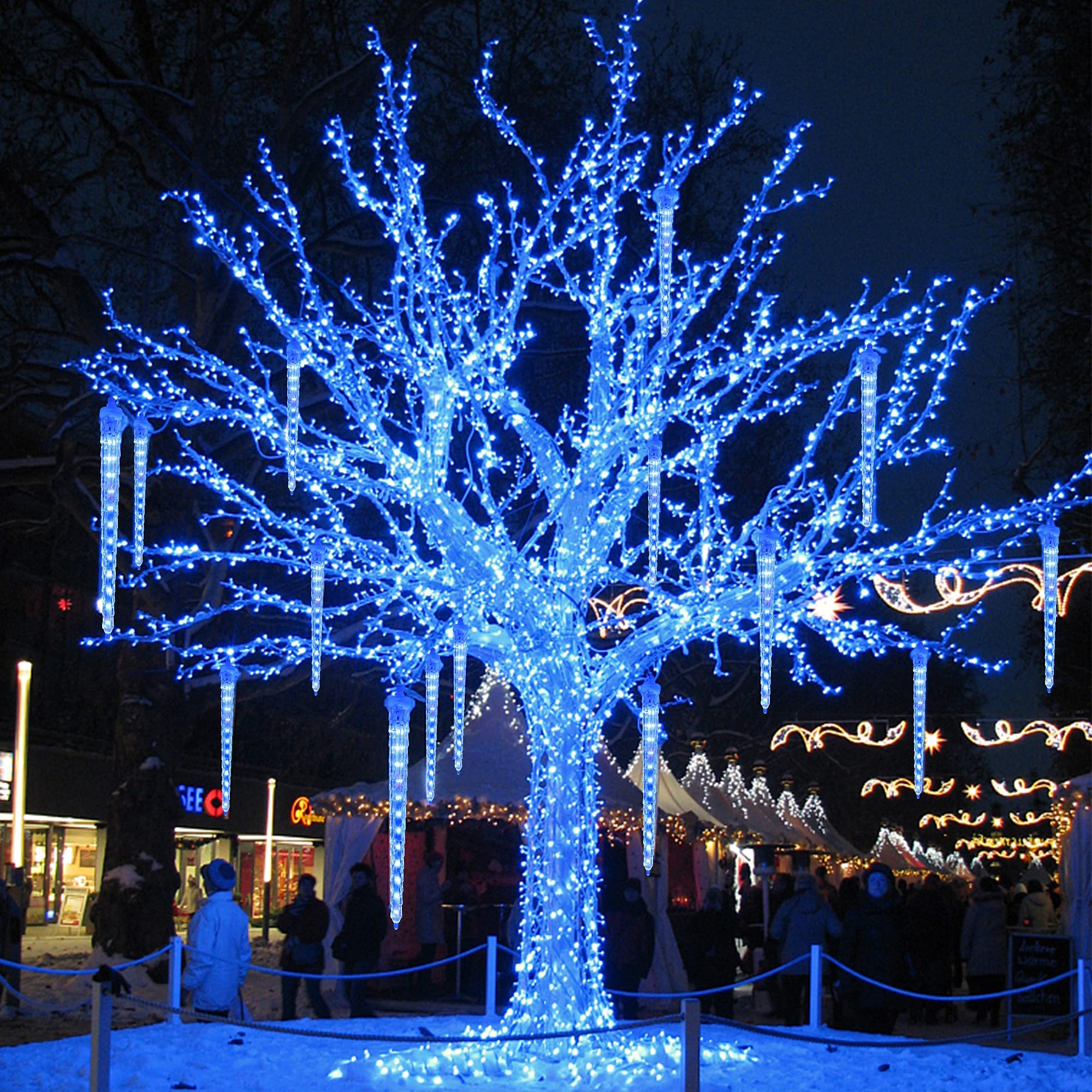 Waterglide Meteor Shower Lights, 12" Outdoor Christmas Lights 10 Icicles 240 Smd Led Crystal Ice Falling Lights, Connectable Raindrop Iciclelights, Xmas Winter Party Tree Holiday Decor, Blue