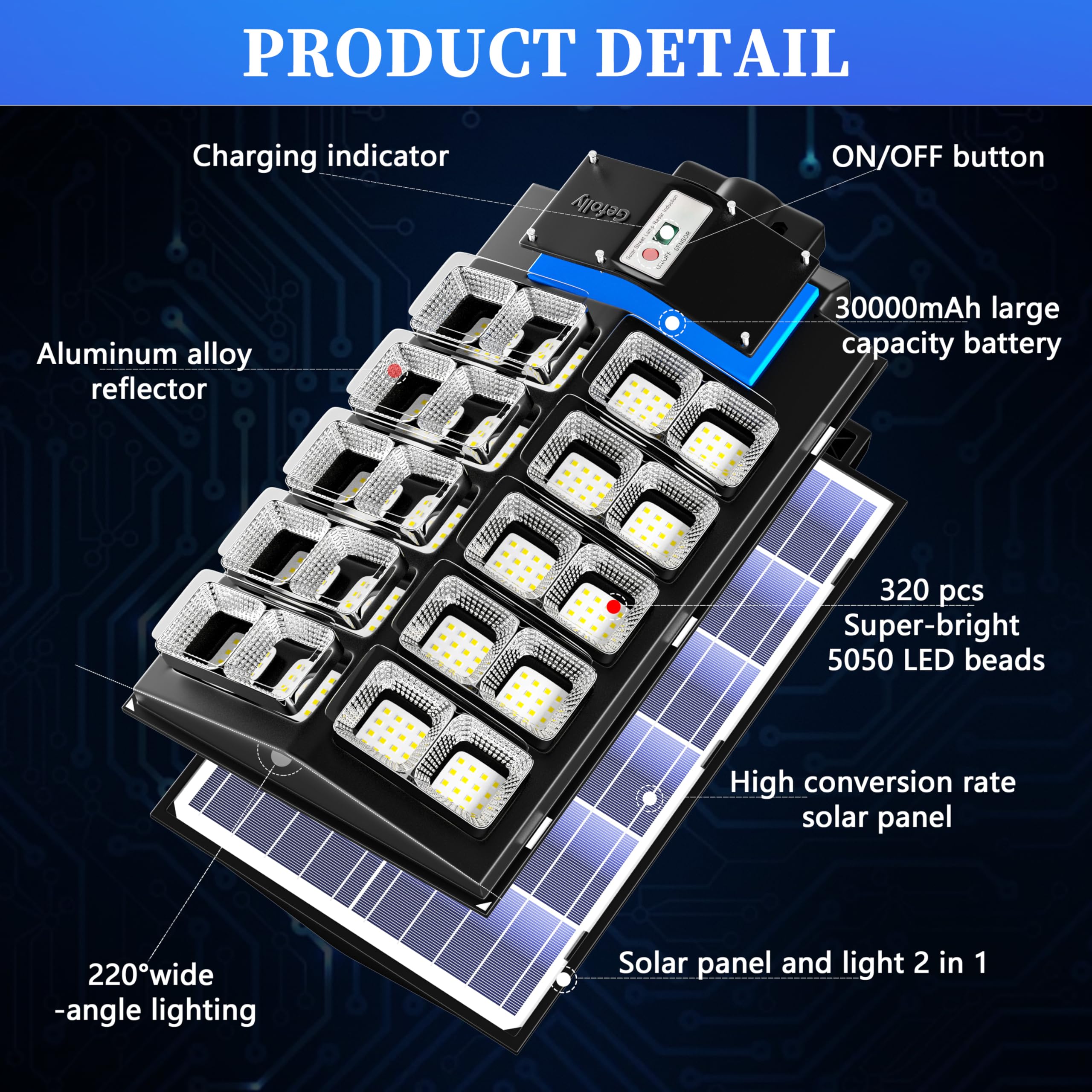 Gefolly Sl-5200W Solar Street Lights Outdoor, 520000Lm Commercial Parking Lot Light, 6500K Dusk To Dawn Ip67 Security Flood Lights Motion Sensor Led Lamp For Basketball Court, Road, Yard