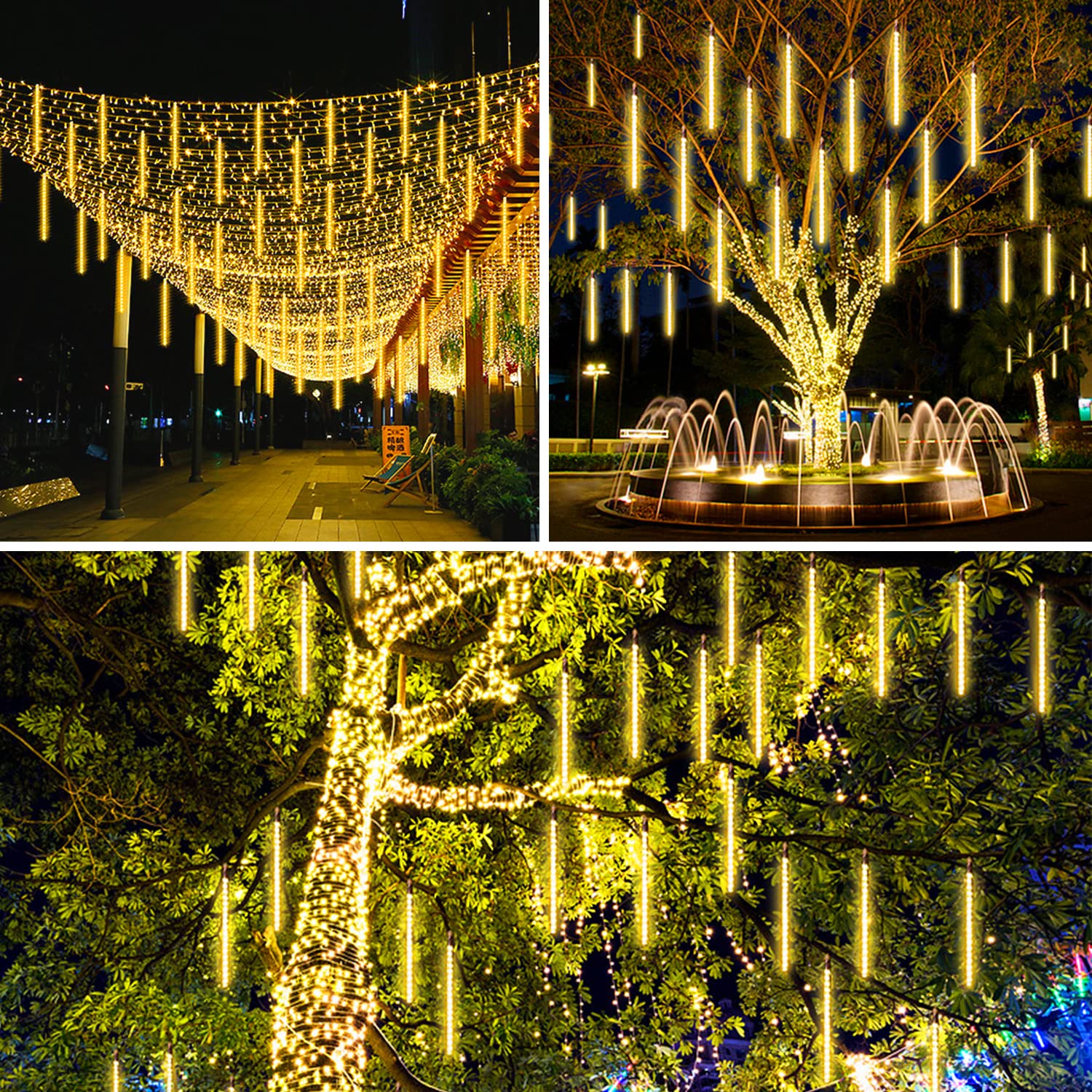 Aluan Christmas Lights Outdoor Meteor Shower Rain Lights, 20 Tubes 720 Leds 16 Inch Waterproof Plug In Falling Rain String Lights For Halloween Xmas Holiday Party Home Patio Decoration, Warm White