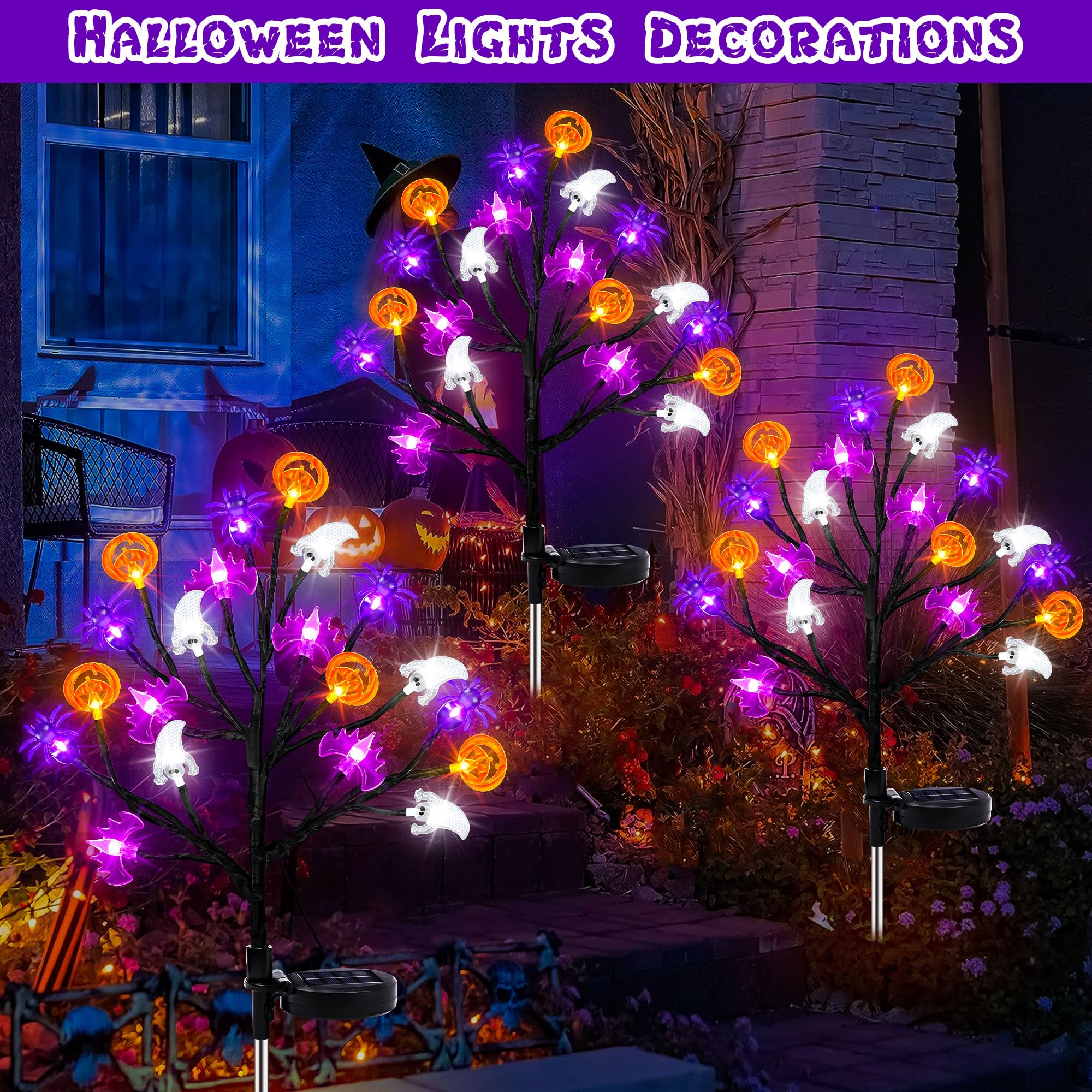 Sakayo Halloween Decorations Outdoor Solar Lights, 2 Pack Halloween Lights Outdoor Solar Lights Waterproof With 20 Led Ghosts Bats Spiders Pumpkin Lights, 2 Modes Solar Pathway Lights For Halloween Decor