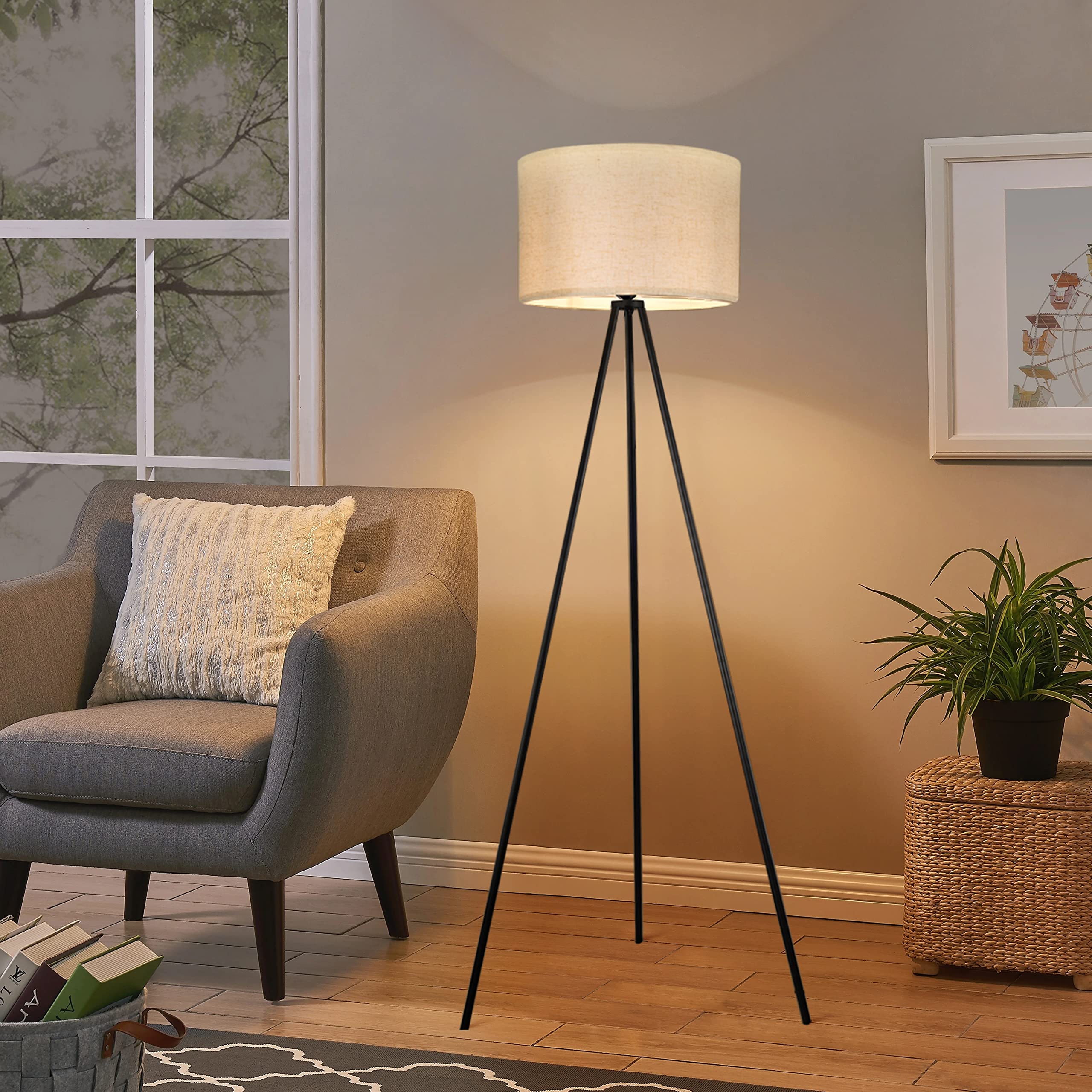 Yorkcare Tripod Floor Lamp, Black Modern Mid Century Standing Lamp Tripod Floor Lamps With Flaxen Drum Shade, Foot Switch For Living Room, Bedroom, Office, Includes E26 Led Bulb