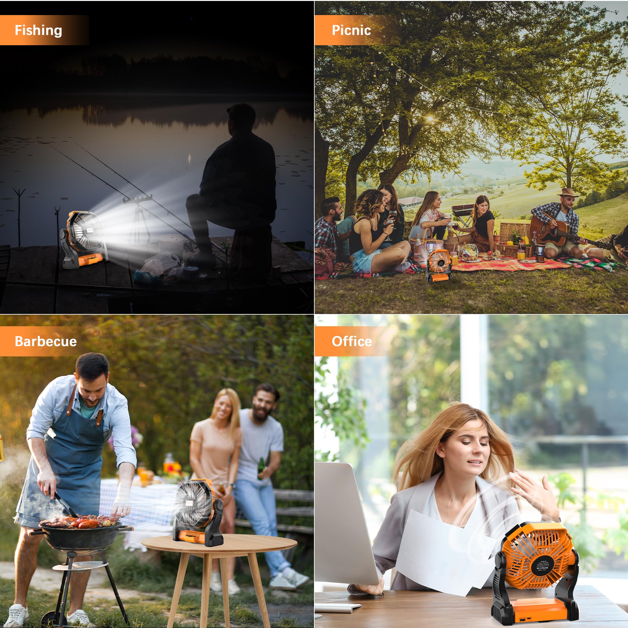 Portable Camping Fan Rechargeable With Led Lantern - 20000Mah Cordless Battery Powered Fan, 4 Speed