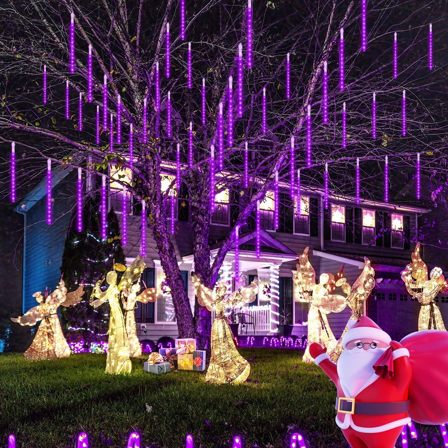 Qitong 2 Pack Extendable Christmas Meteor Shower Lights, Purple Christmas Lights Outdoor, 16 Tubes 384 Leds Plug In String Lights For Christmas Tree Holiday Party