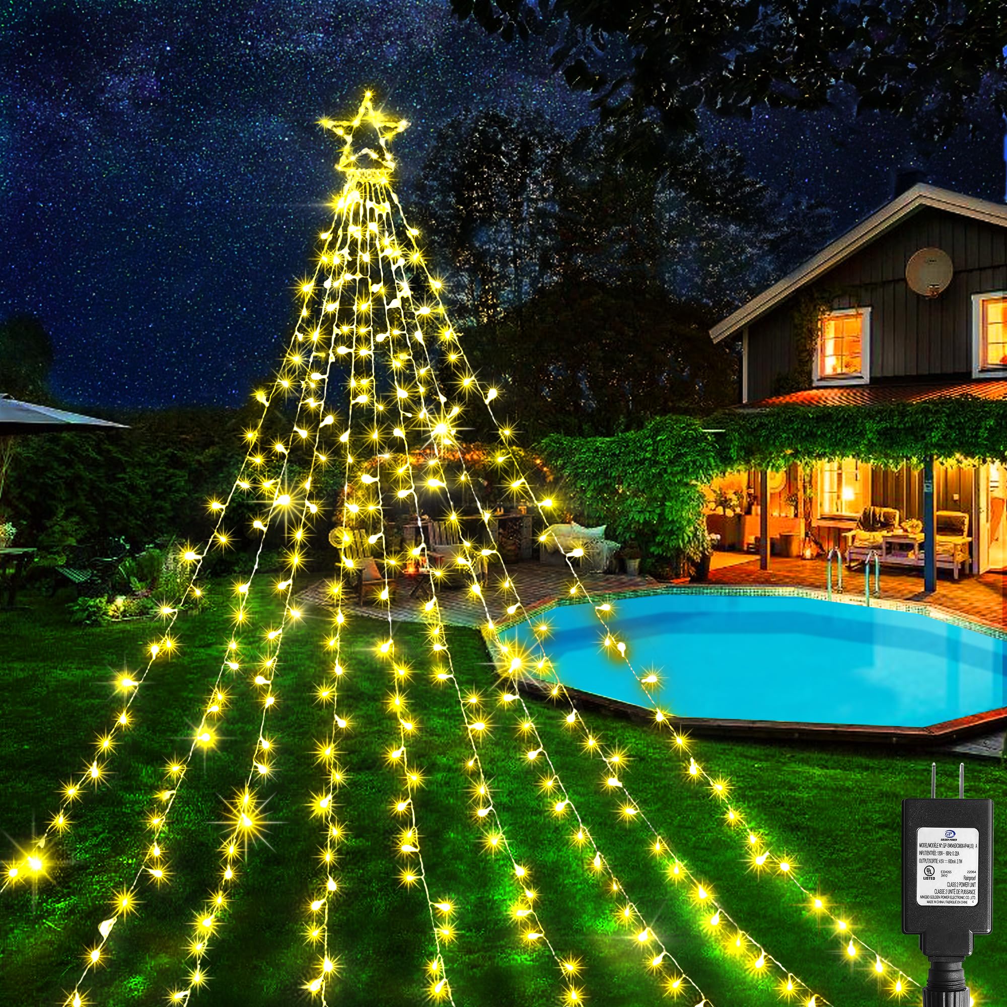 Xurisen Outdoor Christmas Decorations Star Light,11.8 Ft 337 Led Waterfall Tree Lights With Topper Star String Lights Plug In, 8 Modes Christmas Lights For Party Home Holiday Decor(Warm White)