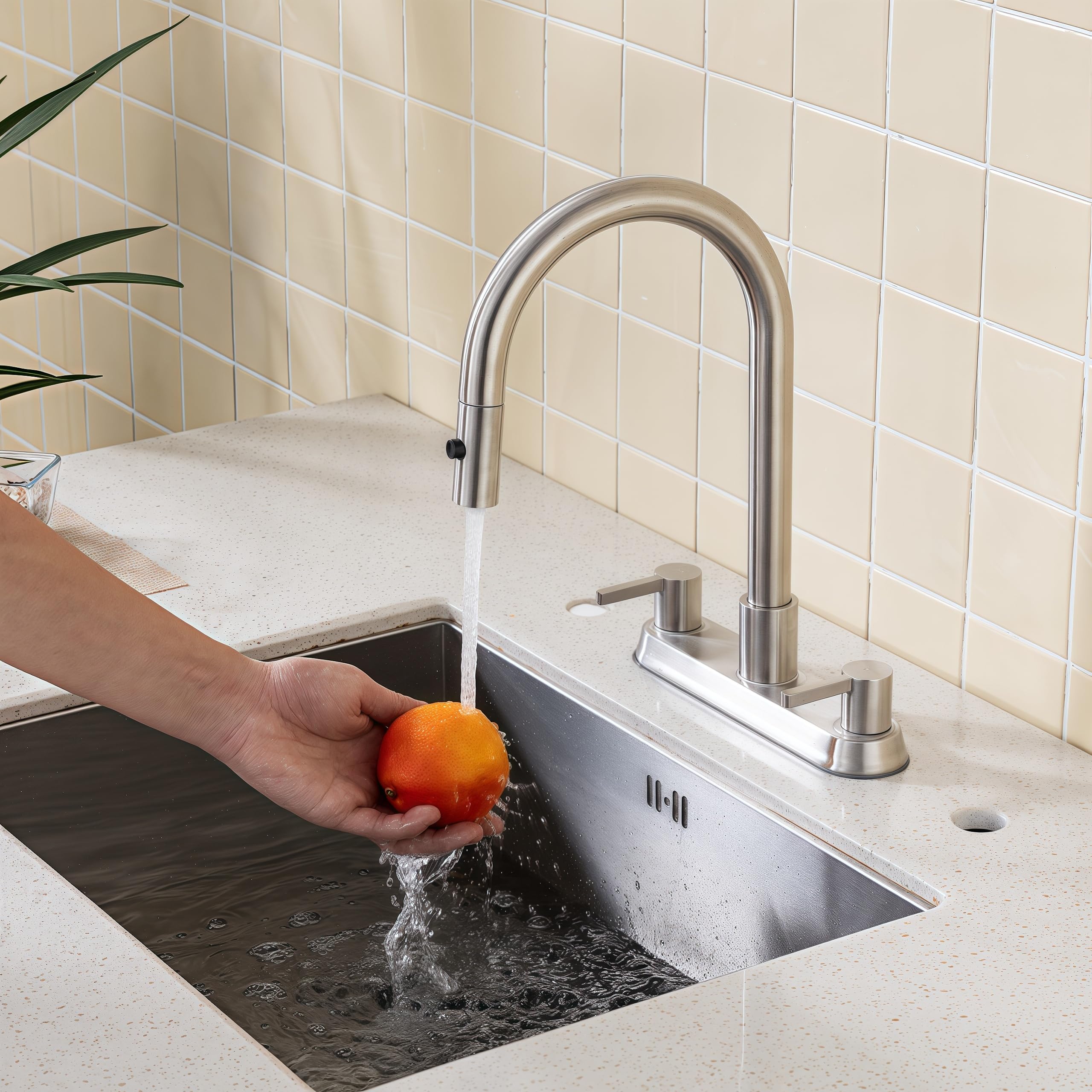 Heouty 2 Handle Kitchen Faucet With Pull Down Sprayer, Brushed Nickel Kitchen Sink Faucet For 3 Hole 8 Inch, 360 Degree Swivel Spout With Dual Function, Bathroom Kitchen Rv Sink