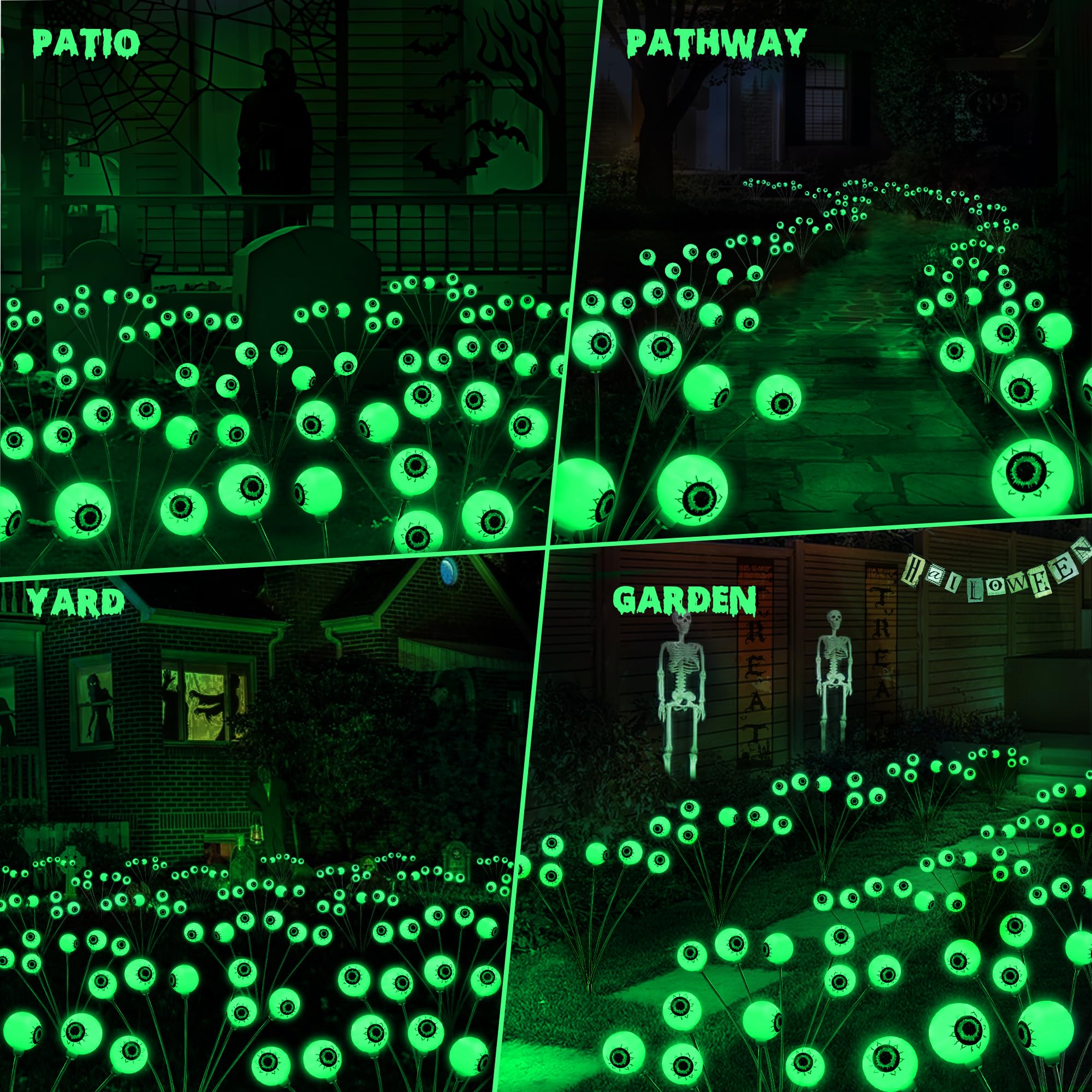 Brizlabs Solar Halloween Eyeball Lights, 2 Pack 12 Led With 2 Modes, Outdoor Swaying Eye Firefly Pathway Lights, Green For Path Yard Garden Lawn