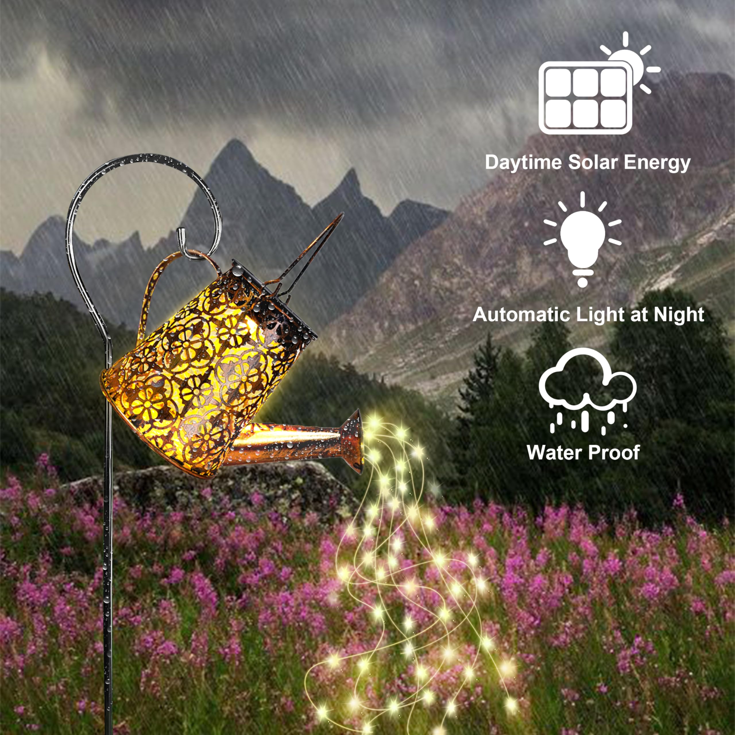 Awendietou Solar Garden Watering Can Lights,Solar Waterfall Light With Cascading Lights,Garden Decor For Outside,Solar Outdoor Light Hanging Lantern Yard Decor,Gardening  For Mom Grandma Women Birthday