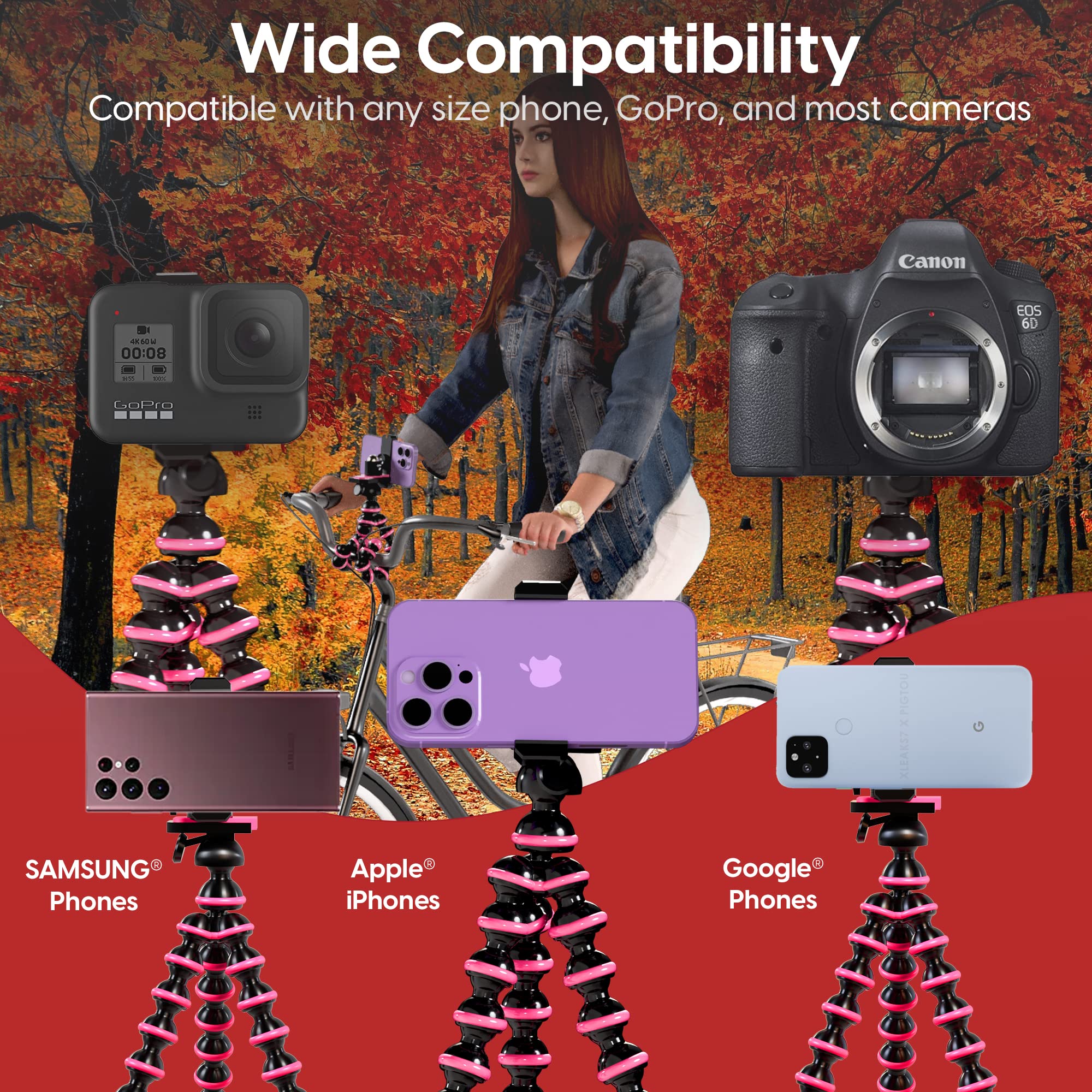 Talkworks Flexible Tripod For Iphone, Android, Camera - Bendable Legs, Adjustable Stand Holder With Mini Wireless Remote For Selfies, Vlogging, Beauty/Makeup, Live Streaming/Recording - Pink