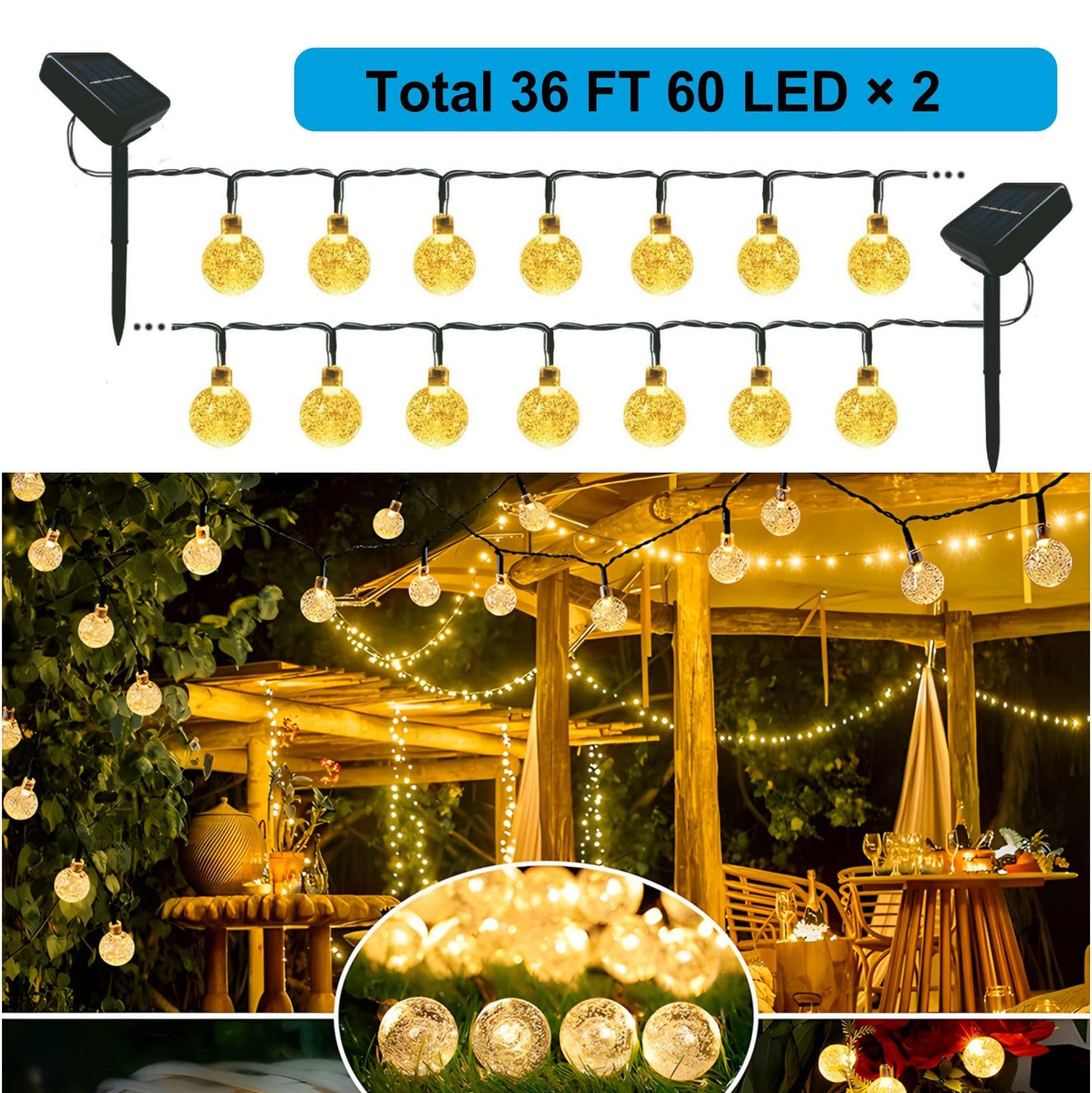 Mingguang Solar String Light Outdoor Waterproof Garden Decor Fairy Lights Auto On/Off, Decorative Lighting For Garden, Patio, Yard, Party Pathway, Lawn Weatherproof & Easy Install 2 Pack 120 Led 72Ft