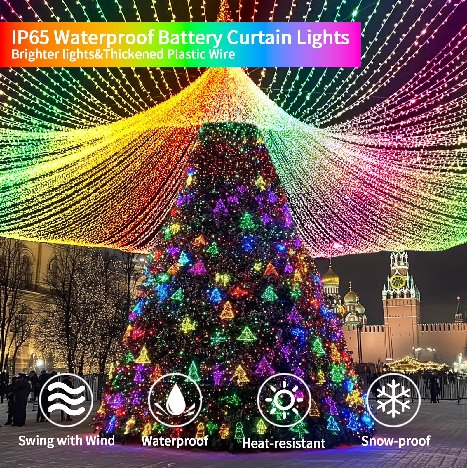 Qlirjad Curtain Lights Battery Operated 10X10Ft 300Led Waterproof Waterfall Light With 8 Modes Remote Dimmable Timer Memory Twinkle Fairy String Lights For Outdoor Indoor Gazebo Wedding Pergola Patio Bedroom