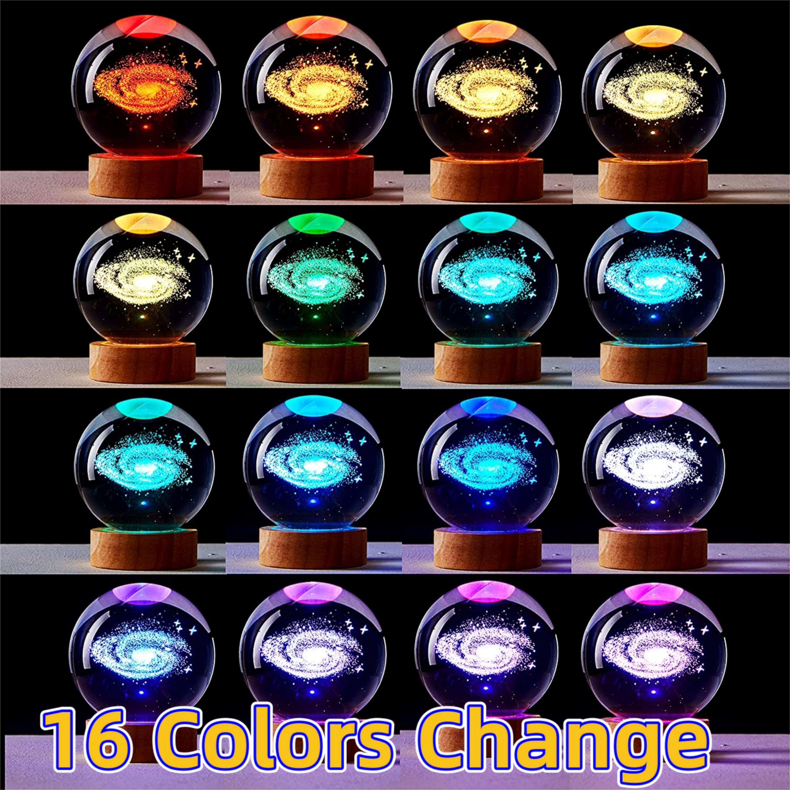 Digfpwt Galaxy Crystal Ball Night Light, 3.15 Inch 3D Solar System Crystal Lamp With Led Wooden Base, 16 Colors Change With Remote Control,  Box Packing,  Ideas For Friends (Galaxy)