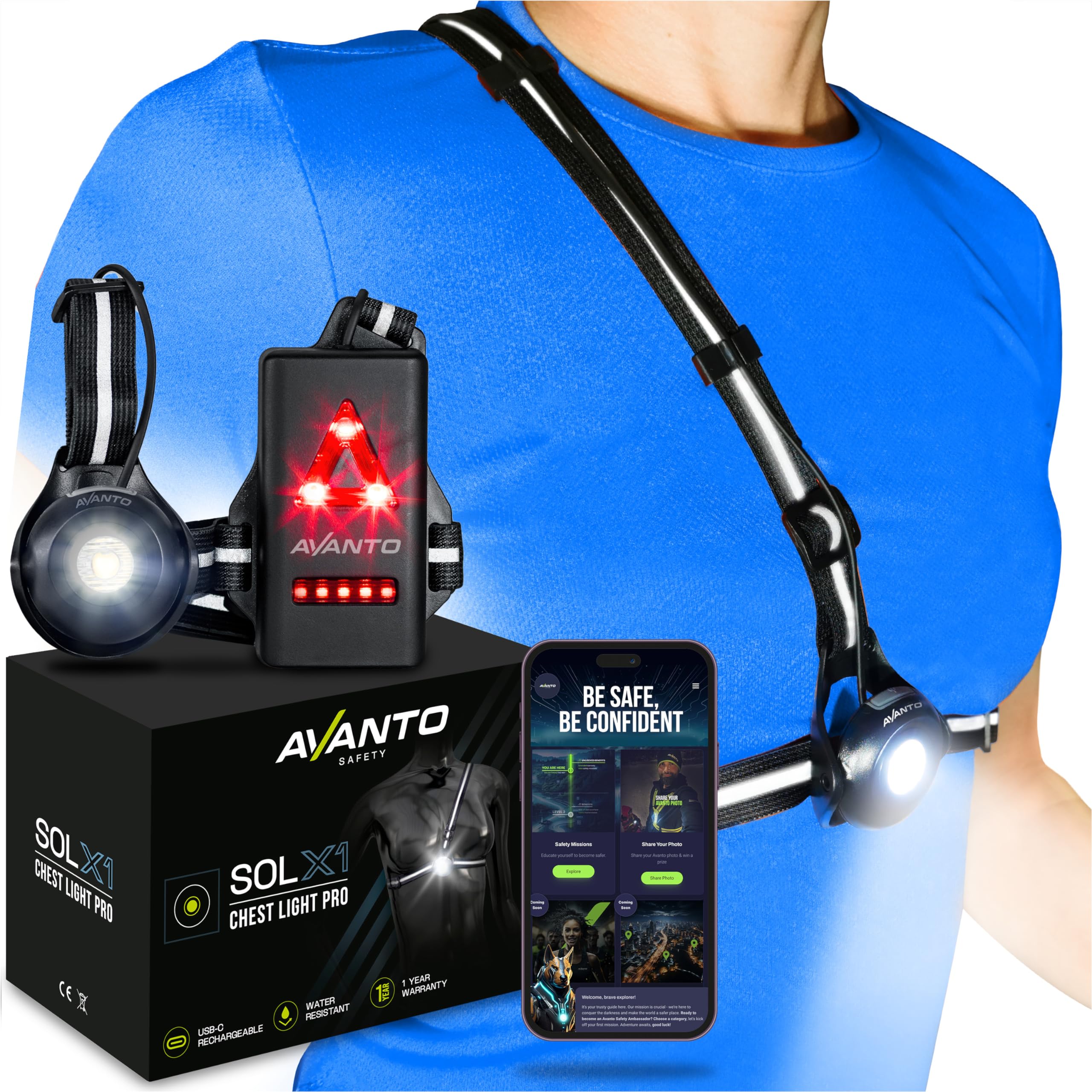 Avanto Lifestyle Avanto Solx1 Pro Chest Light, Original, Usb-C, Smart Running Lights For Runners With Safety Courses, Running Headlamp Flashlights, Walking Light For Night Walking, Safety Light, Black