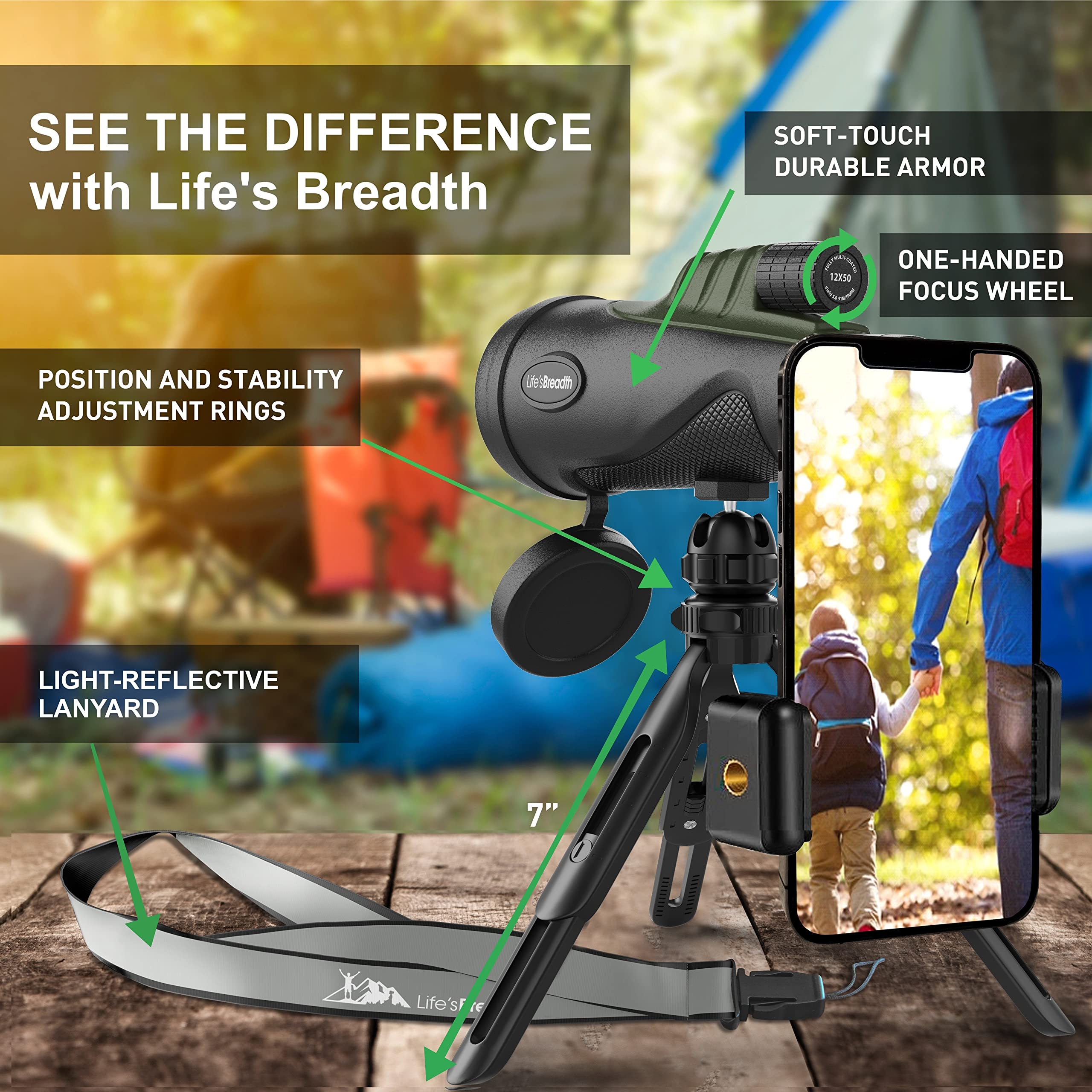 Lifes Breadth 12X52 Monocular Telescope With Smartphone Adapter And  Tripod, Hd Handheld Telescope - High Powered Monocular Scope For Adults - Birdwatching,  For Men Him Dad Husband Boyfriend (Green)