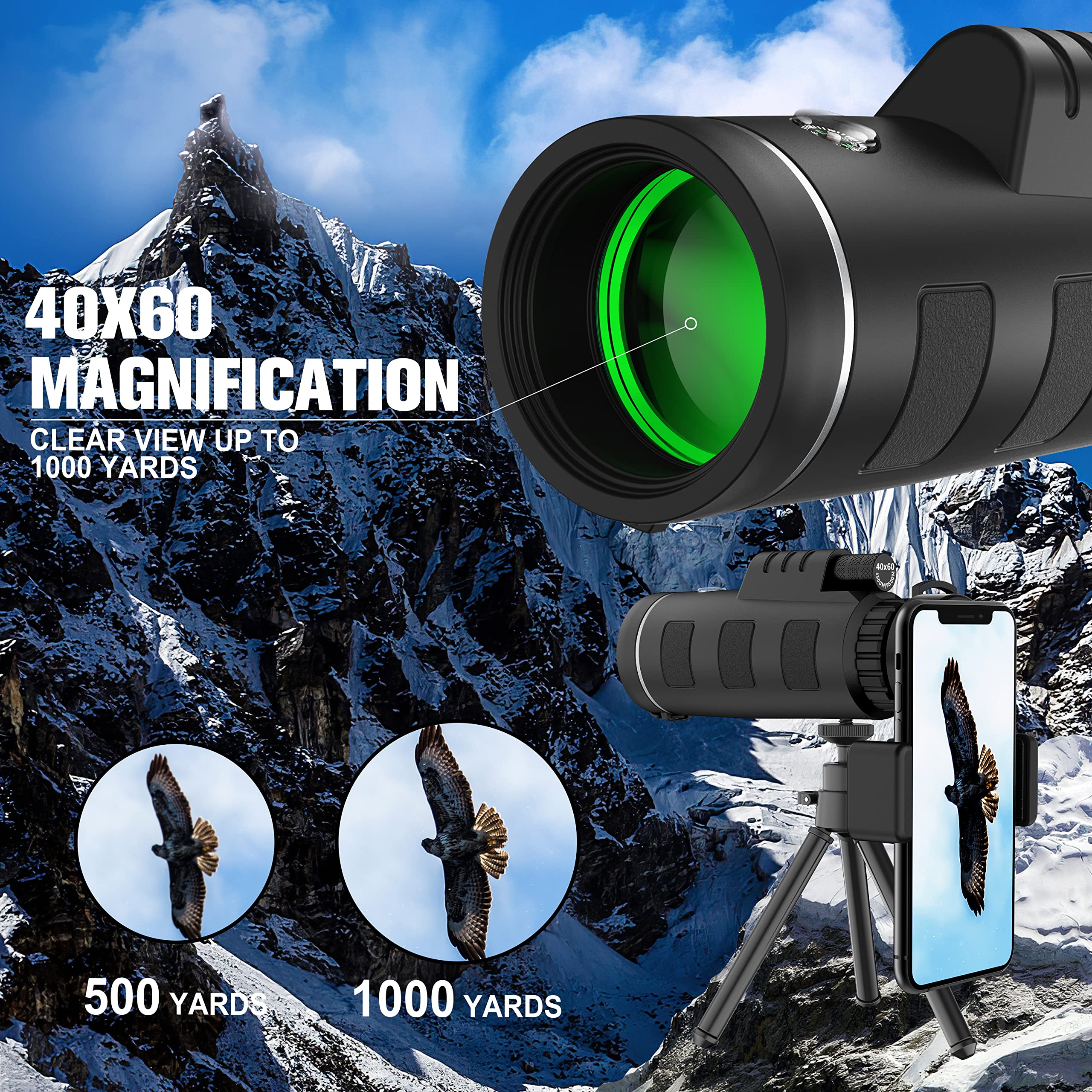 Jiasifu 40X60 High Definition Monocular Telescope With Smartphone Adapter, Bak4 Prism Fmc Monocular With Clear Low Light Vision For Wildlife Hunting Camping Travelling（Ld006-00A-38）