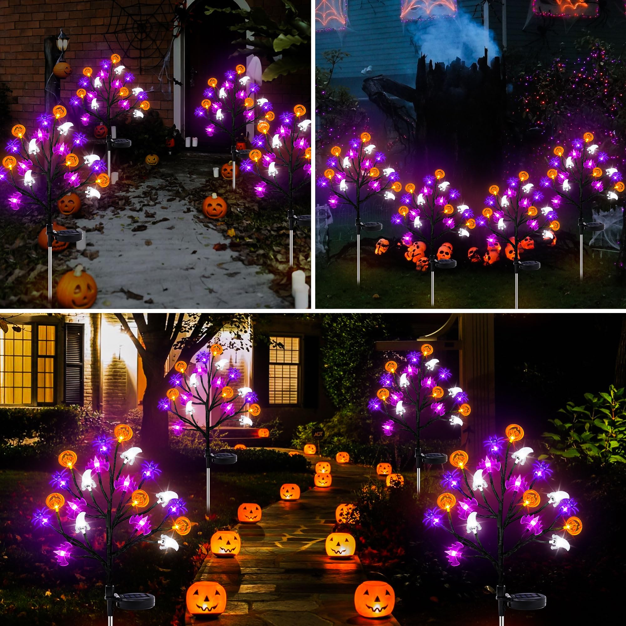 Sakayo Halloween Decorations Outdoor Solar Lights, 2 Pack Halloween Lights Outdoor Solar Lights Waterproof With 20 Led Ghosts Bats Spiders Pumpkin Lights, 2 Modes Solar Pathway Lights For Halloween Decor