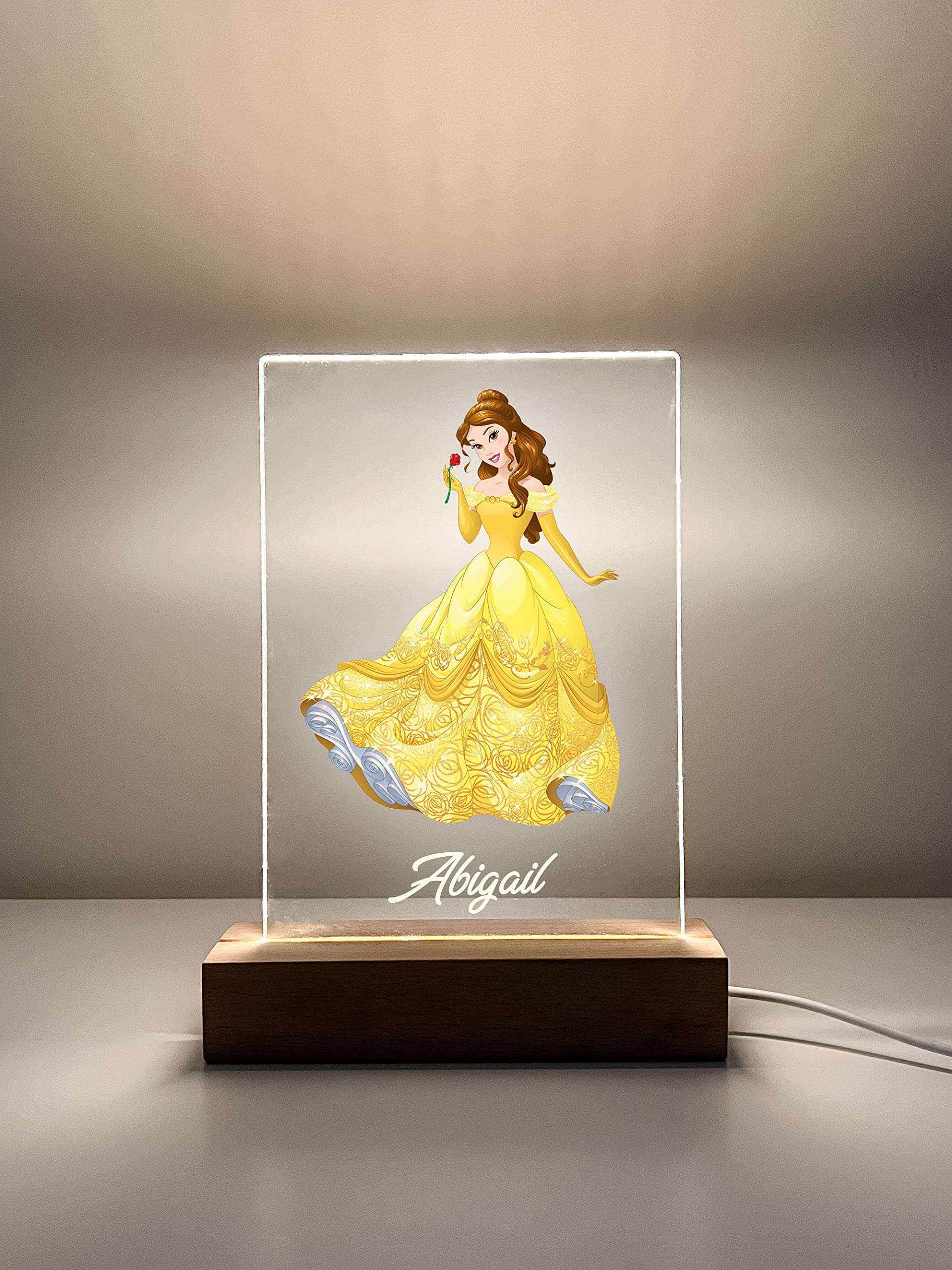 Mirror Mania Belle Premium Wood Base Stand Soft Night Light Up Table Desk Lamp Led Princess Sign Personalized Engraved With Your Name On It, Made To Order Home Girls Room Decor, A Must Have
