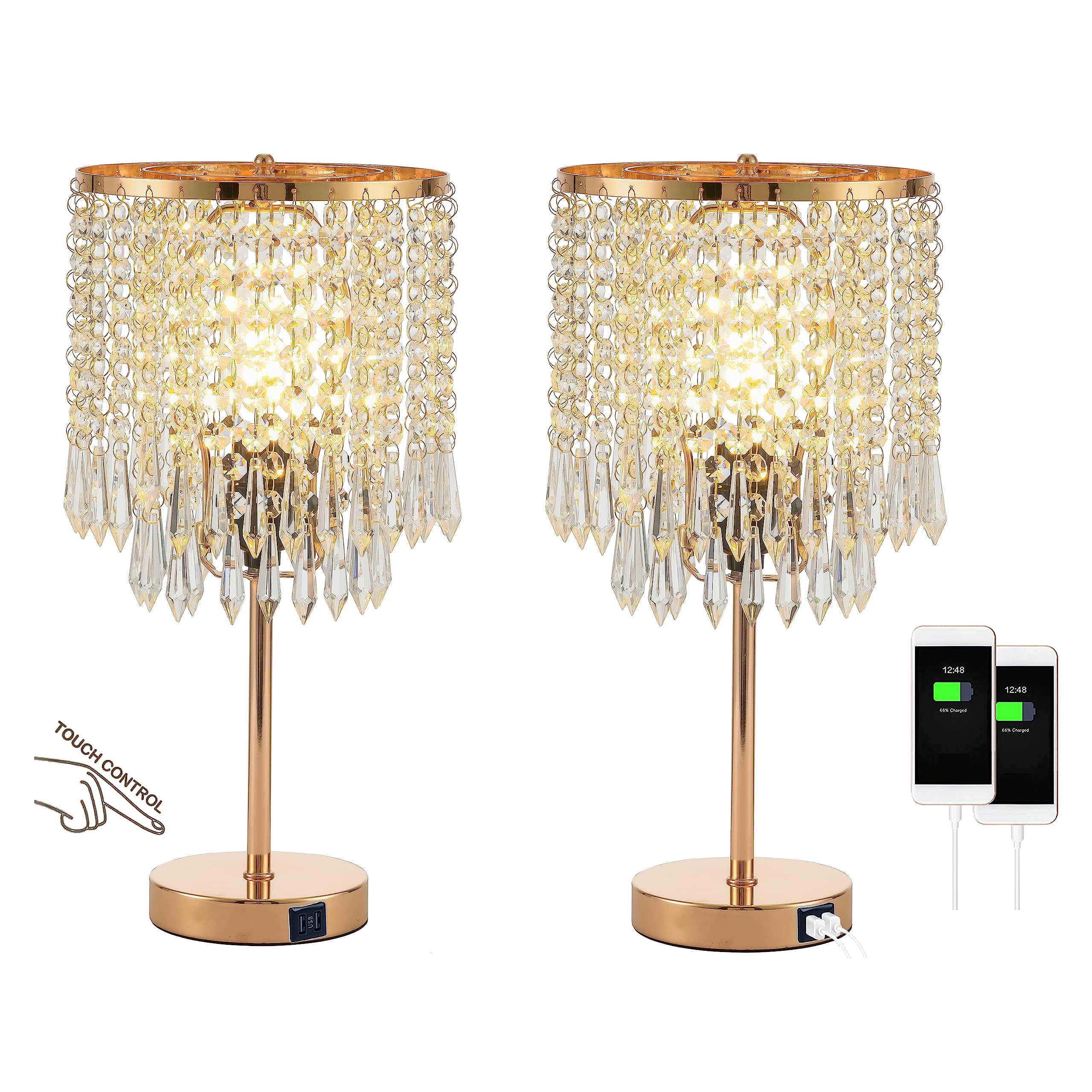Popity Home Crystal Table Lamps Set Of 2, Gold Lamps For Nightstand With 2 Usb Charging Ports, 3-Way Touch Dimmable Crystal Lamp, Gold Bedside Lamp With Elegant Shade For Bedroom, Living Room