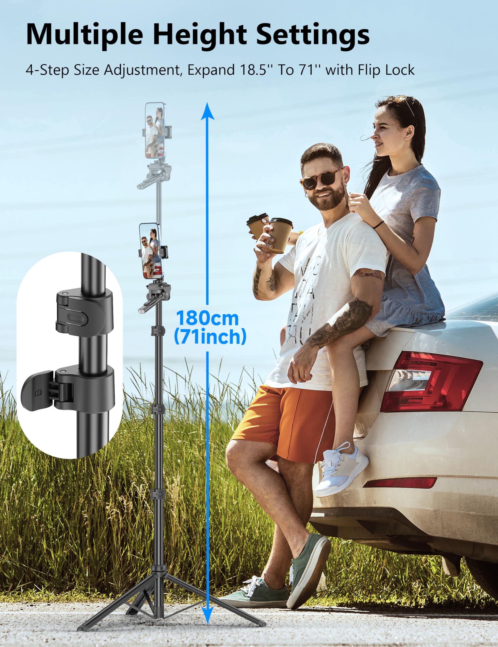 Selfieshow 72" Phone Tripod & Selfie Stick, Extendable Cell Phone Stand With Detachable Remote & Phone Holder, Aluminum Tripod Compatible With Iphone Android